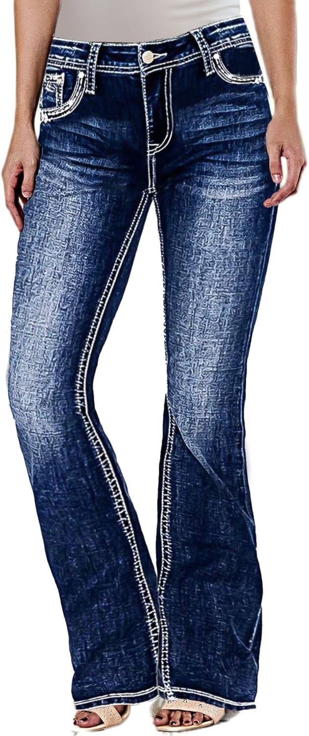 Flamingals Women’s Butt Lifting Bootcut Jeans Mid Waist Straight Leg Stretchy Curvy Tummy Control Denim Jeans Dark Deep Navy Blue L