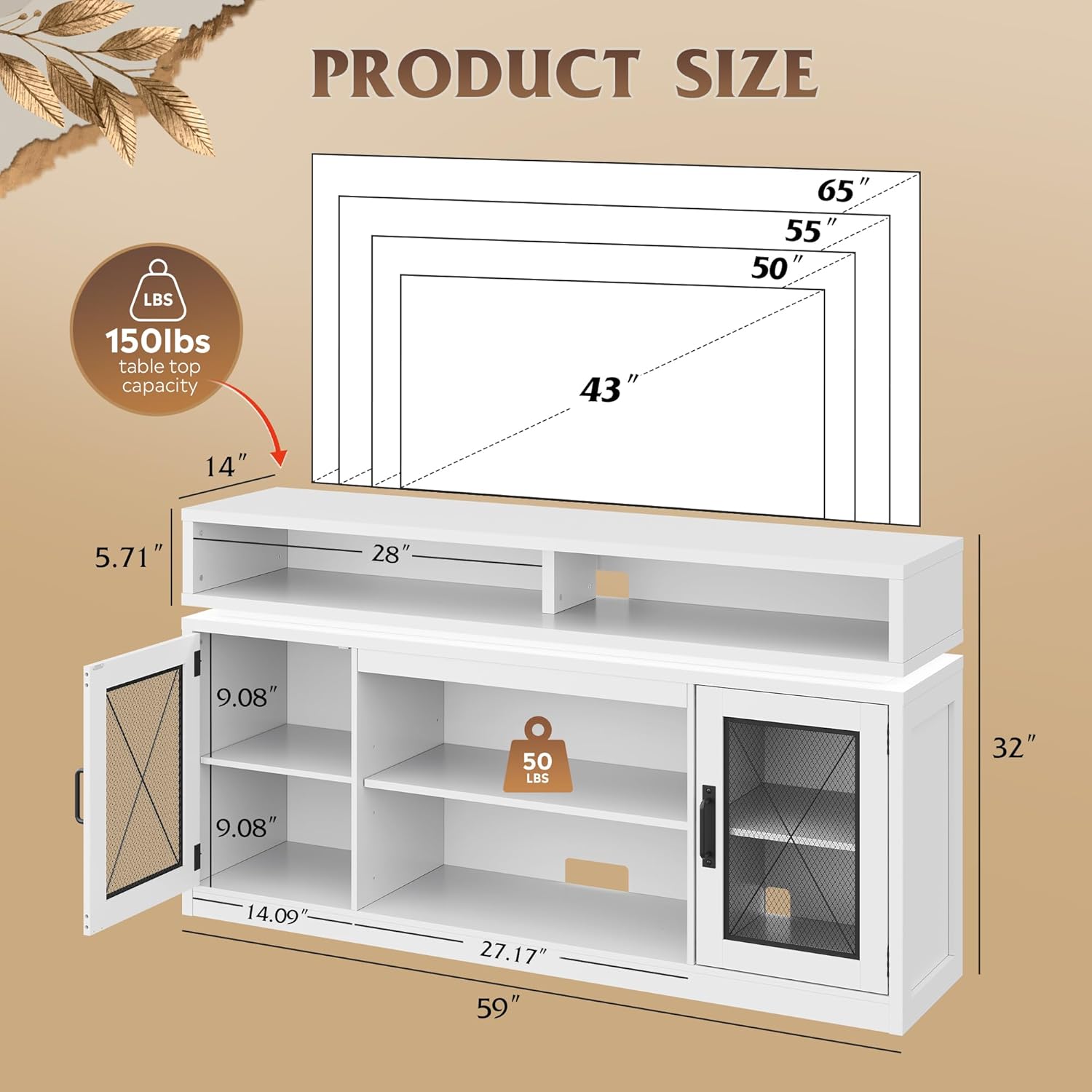 WLIVE Farmhouse TV Stand for TVs Up to 65 Inches, Tall Entertainment Center with Storage Cabinets & LED Lights, Media Console for Living Room, Bedroom, Home Theater, White