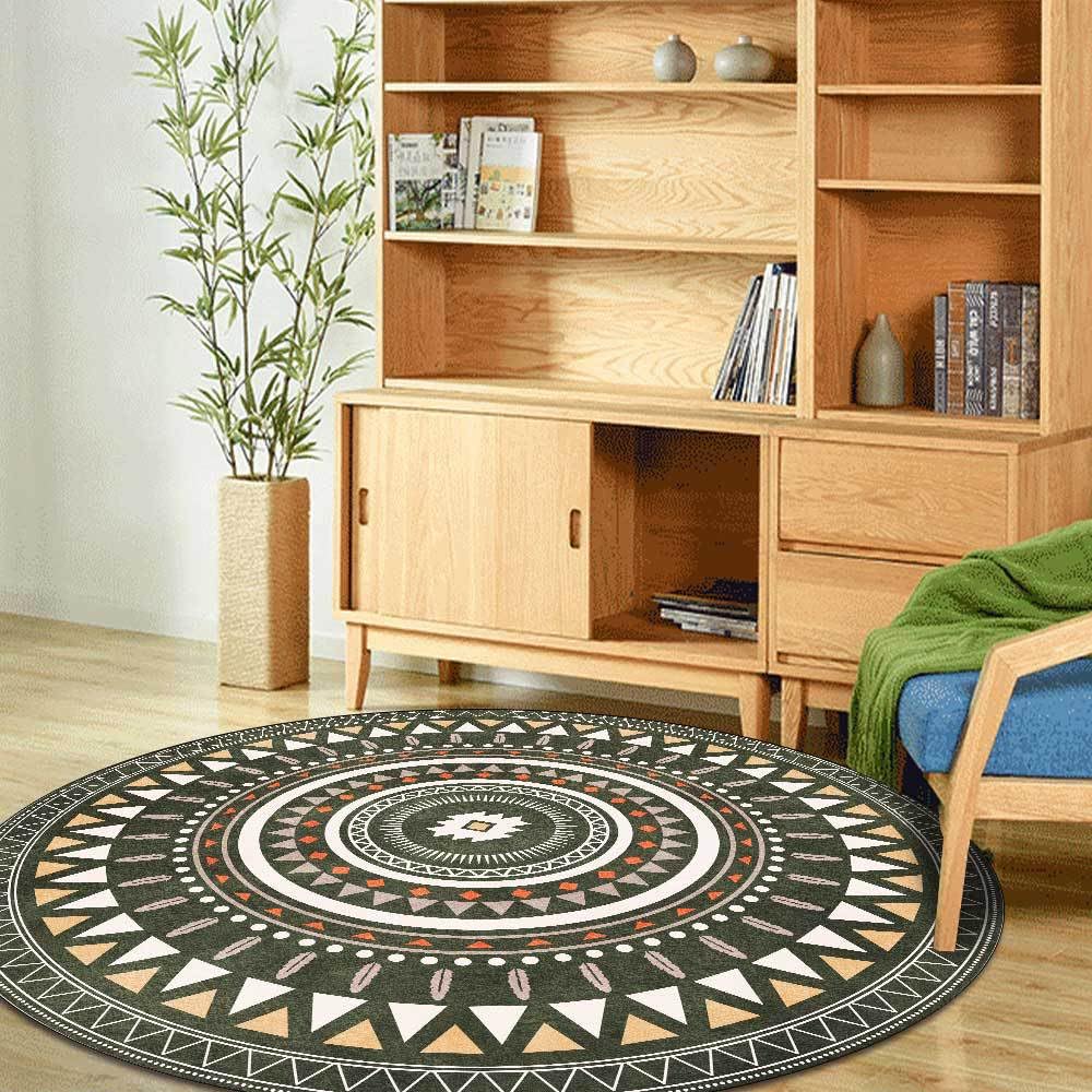 GUGJHFVH Round Short Pile Bedroom Area Rugs ø 130 cm Living Room Office Home Decor Non-Slip Rugs Easy Care Retro Carpet Triangle Stitching Green