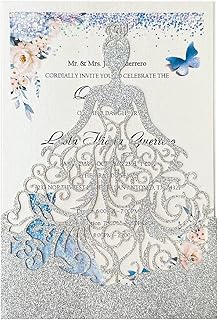 5.12 x7.28 inch 50PCS Silver Glitter Quinceanera Invitations Kit Laser Cut Hollow Girl Princess Pocket with Envelopes Invitations for Quinceanera Bridal Shower Invite