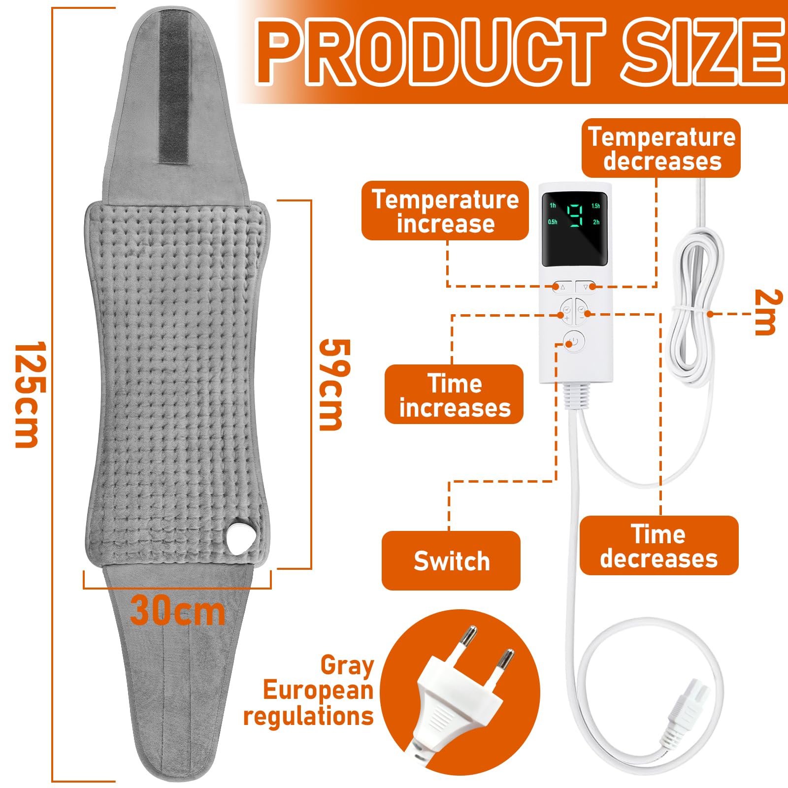 Termoforo Elettrico 125x30cm Termoforo Lombare con 9 Livelli di Calore,4 Impostazioni di Tempo,Cuscino Termico Elettrico per Schiena Addome,Spegnimento Automatico Coperte comode