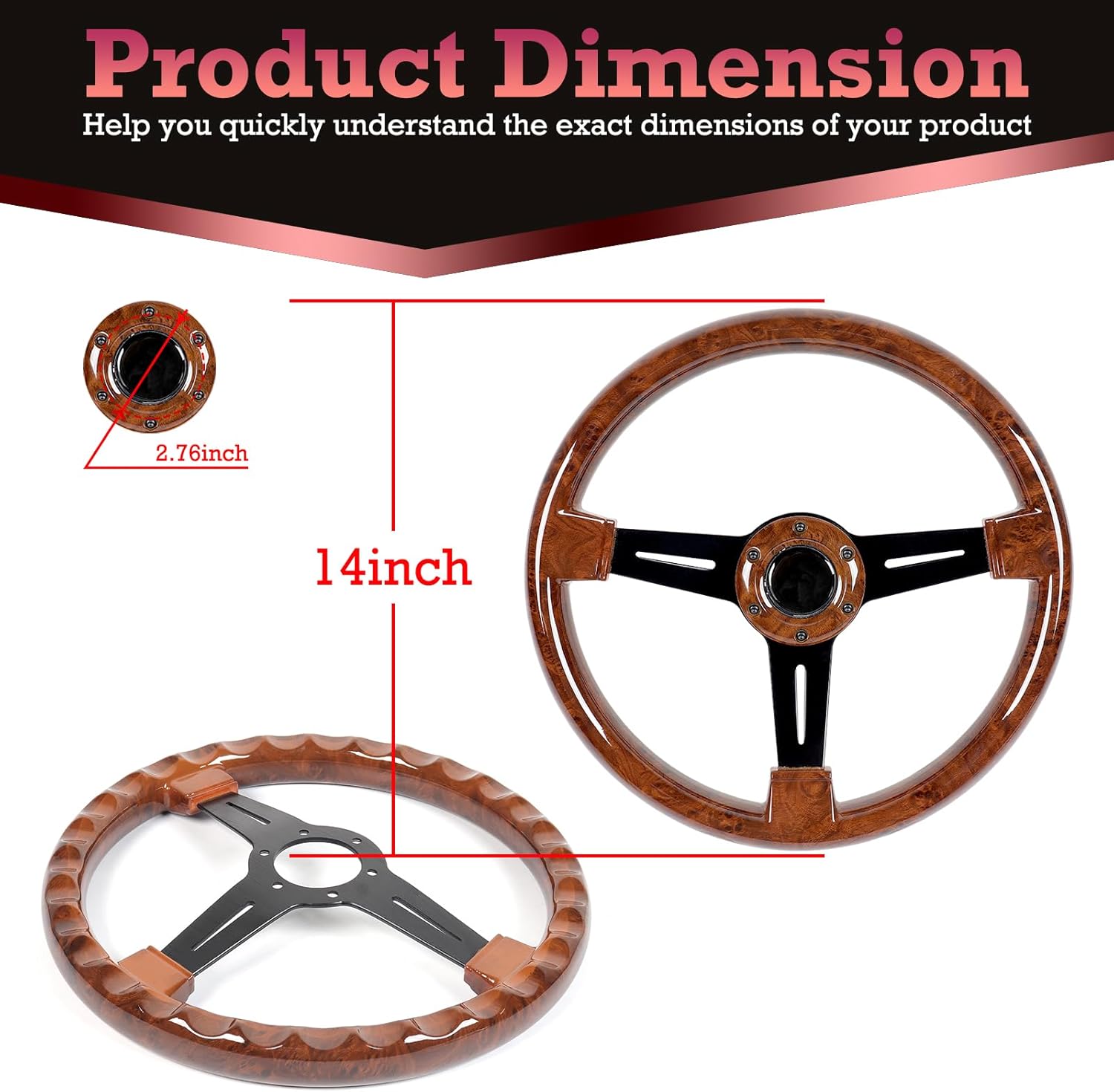 13.5Inch Universal Steering Wheel - Polished Special Black 3 Spokes 6 Holes Wood Grain 40mm Deep Dish for Racing Car Classic Car Vintage Car 340mm Universal Wood Grain Steering Wheel