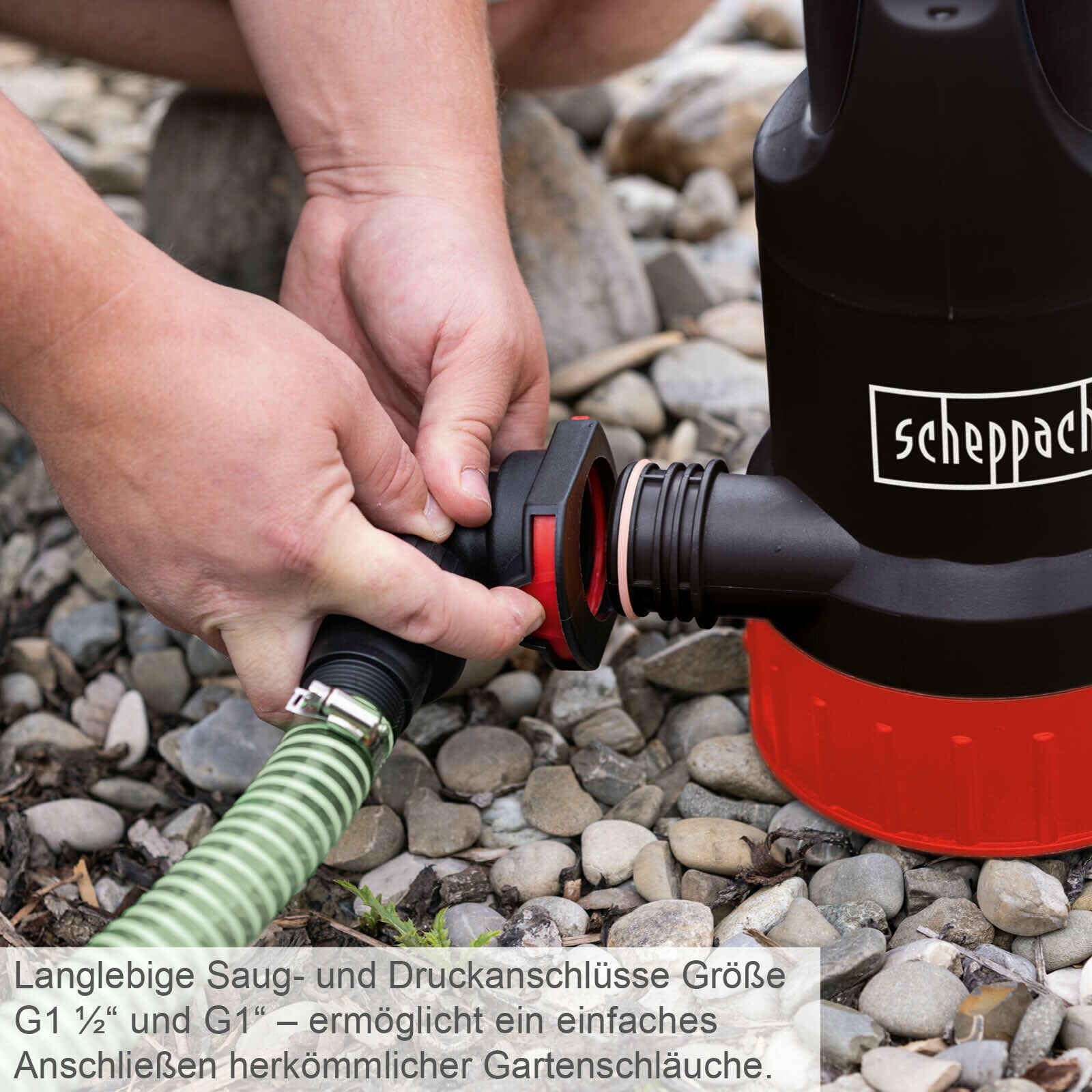 Scheppach Schmutzwasserpumpe DWP750 mit Saugfunktion | Fördermenge 20000L/h | 750W Leistung | FremdkörperØ 30mm | Förderhöhe 8m | Eintauchtiefe 7m | Klar-& Schmutzwasser, Schwimmerschalter, Tragegriff