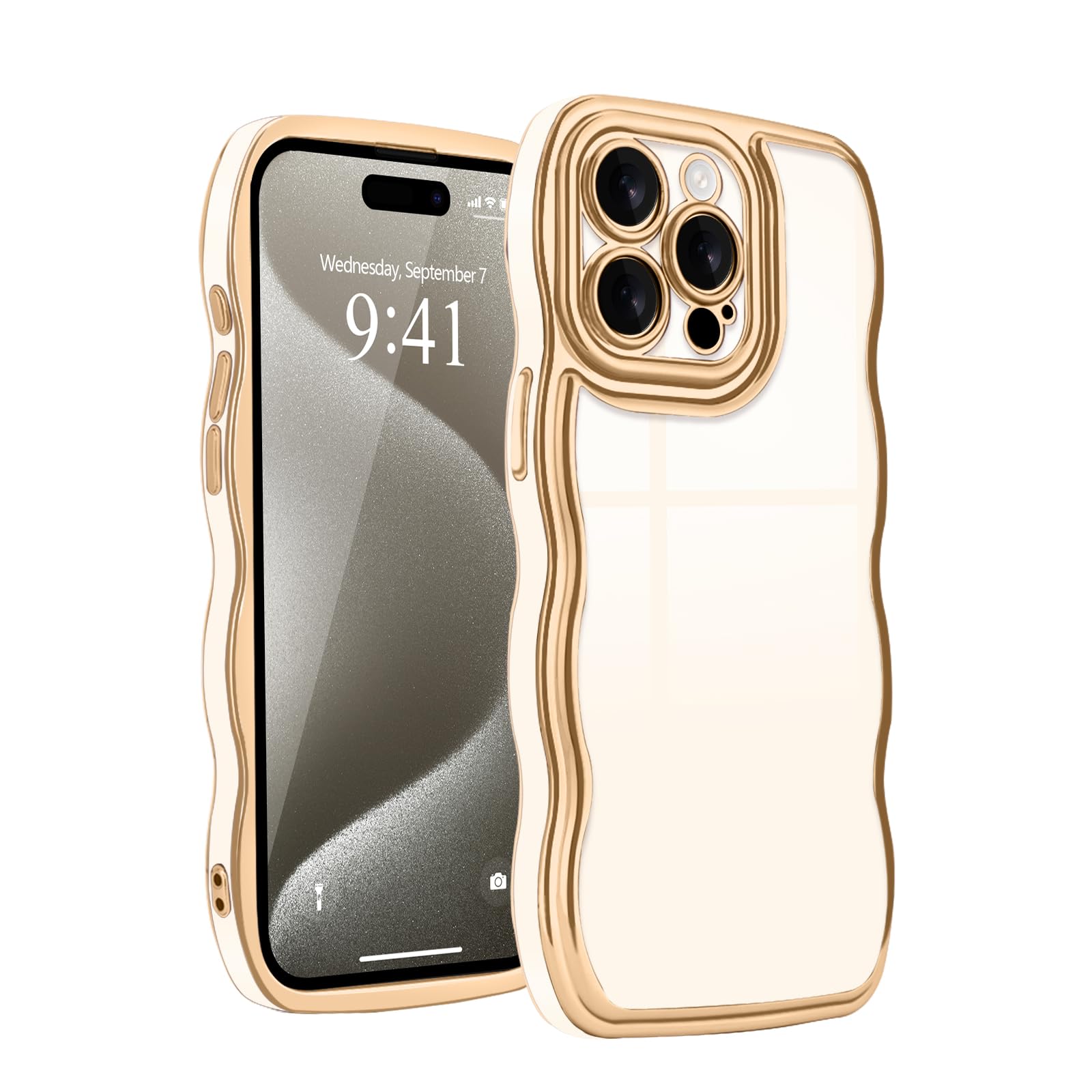 Teageo Wavy Phone Case for iPhone 15 Pro Case for Women Girls, Cute Girly Design Wavy Frame Soft TPU Silicone Shockproof Gold Electroplate Aesthetic