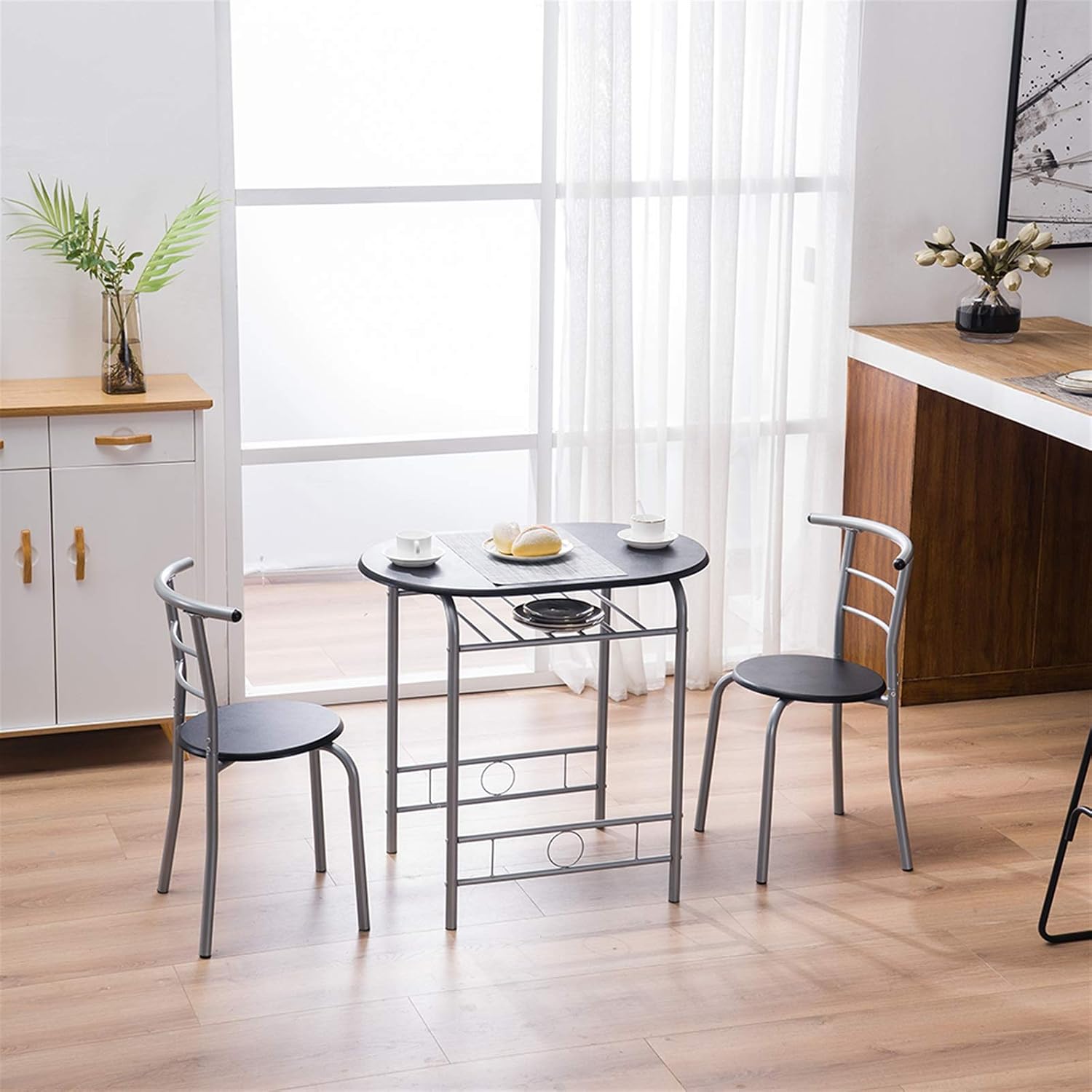3-Piece Dining Room Table Set, Kitchen Table & Chair Sets for 2, Compact Table Set w/Steel Legs, Built-in Wine Rack for Breakfast Nook, Small Space, Apartment, Black, 31x20.75x29 (LxWxH)