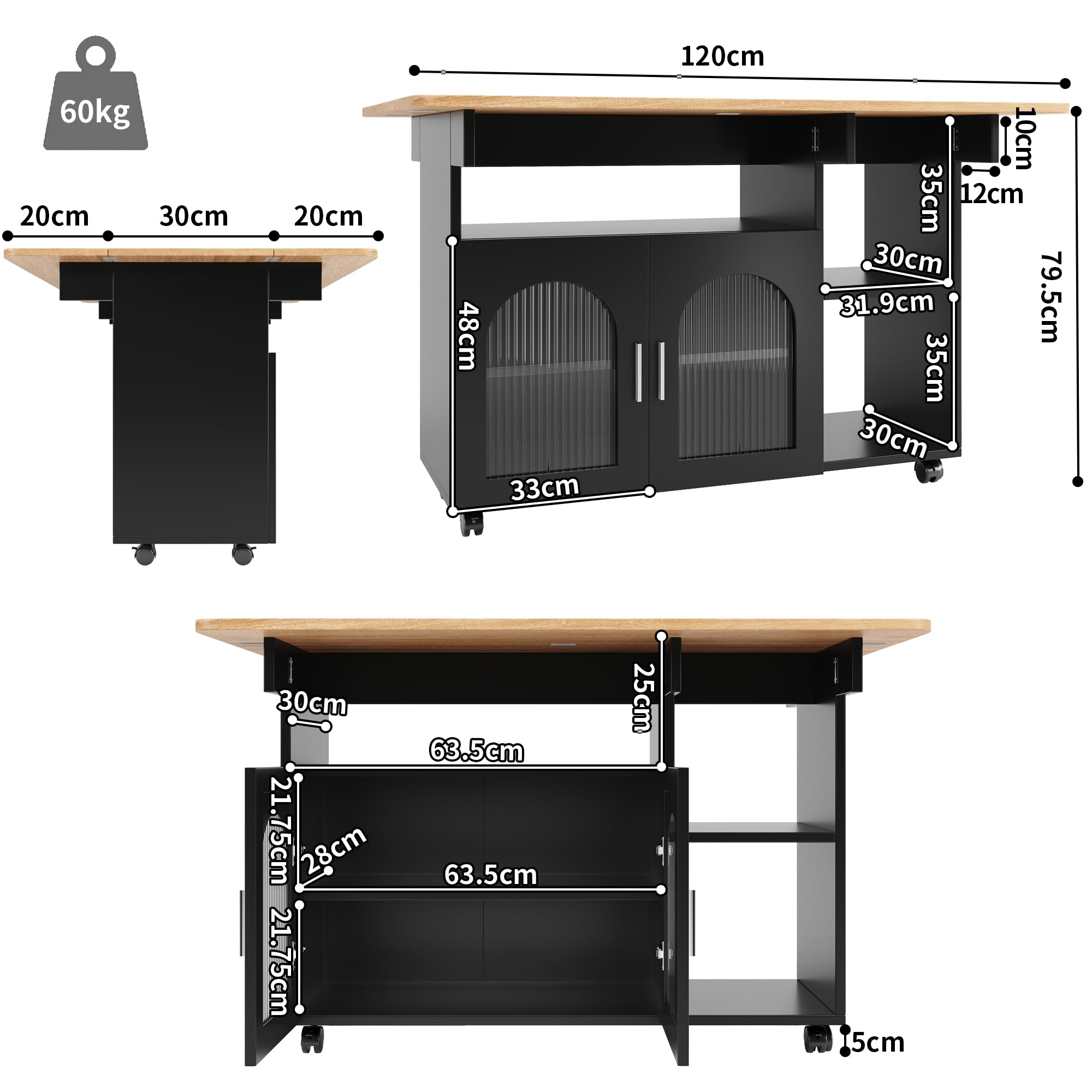 Wyspa kuchenna ze składanym blatem, 120 x 30 x 79,5 cm, czarna i naturalna, MDF i szkło, wózek do serwowania na kółkach, wielofunkcyjny