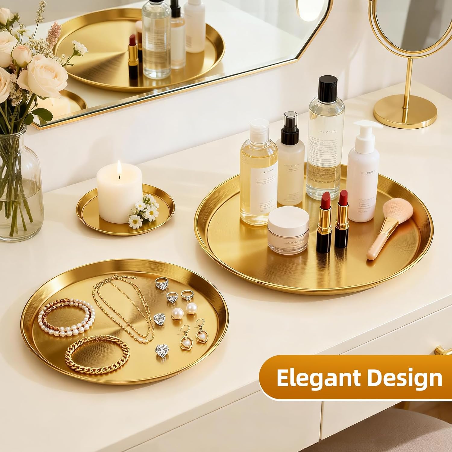 Gold Round Metal Tray ，Essential Organizer for Aromatherapy, Jewelry & Cosmetics (5.5''/7.9''/11.8'')