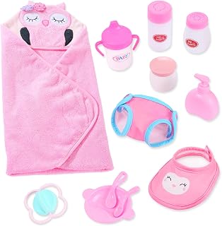 Ecore Fun Baby Doll Accessories Set for 12-18 Inch Dolls, Changing & Bathtime Set with Owl Swaddle, Bottle, Toy, Bib, Diaper, Pretend Bath & Caring & Feeding Supplies (13 pcs)