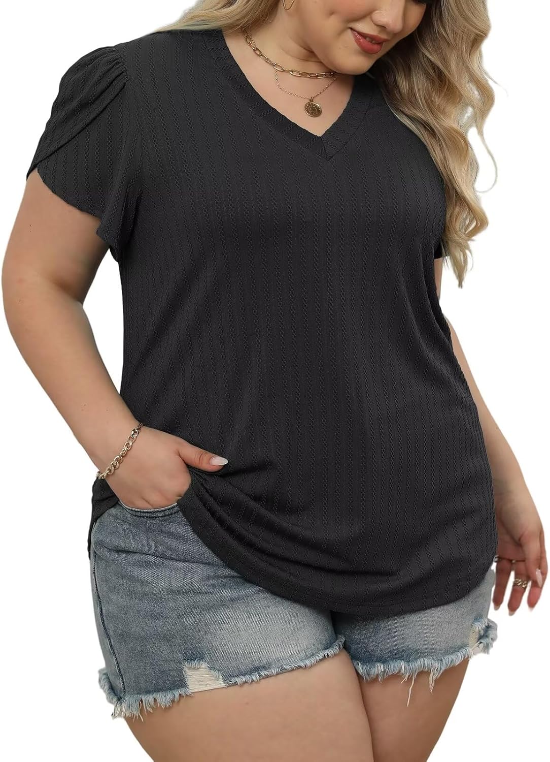DOLNINE Plus Size Tops for Women Casual Summer V Neck Tees Cute Petal Short Sleeve Shirts X-Large 1097_black
