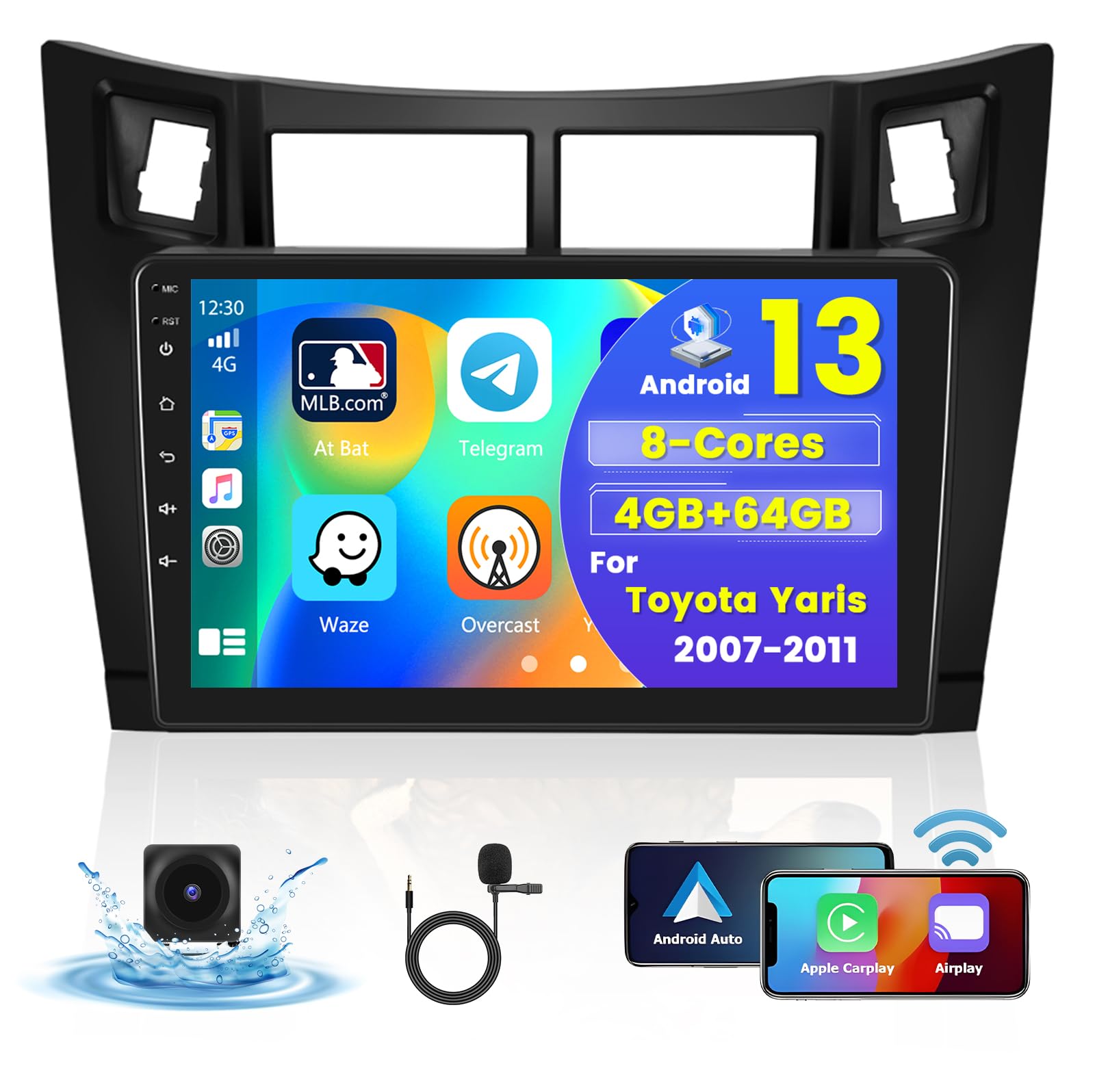 [8 Core 4G+64G] Hikity Car Radio per Toyota Yaris/Vizi 2005-2011 Wireless Carplay Android Auto Android 15 Autoradio 9 Pollici Stereo Auto con GPS 32EQ WIFI Bluetooth SWC MIC Telecamera Posteriore