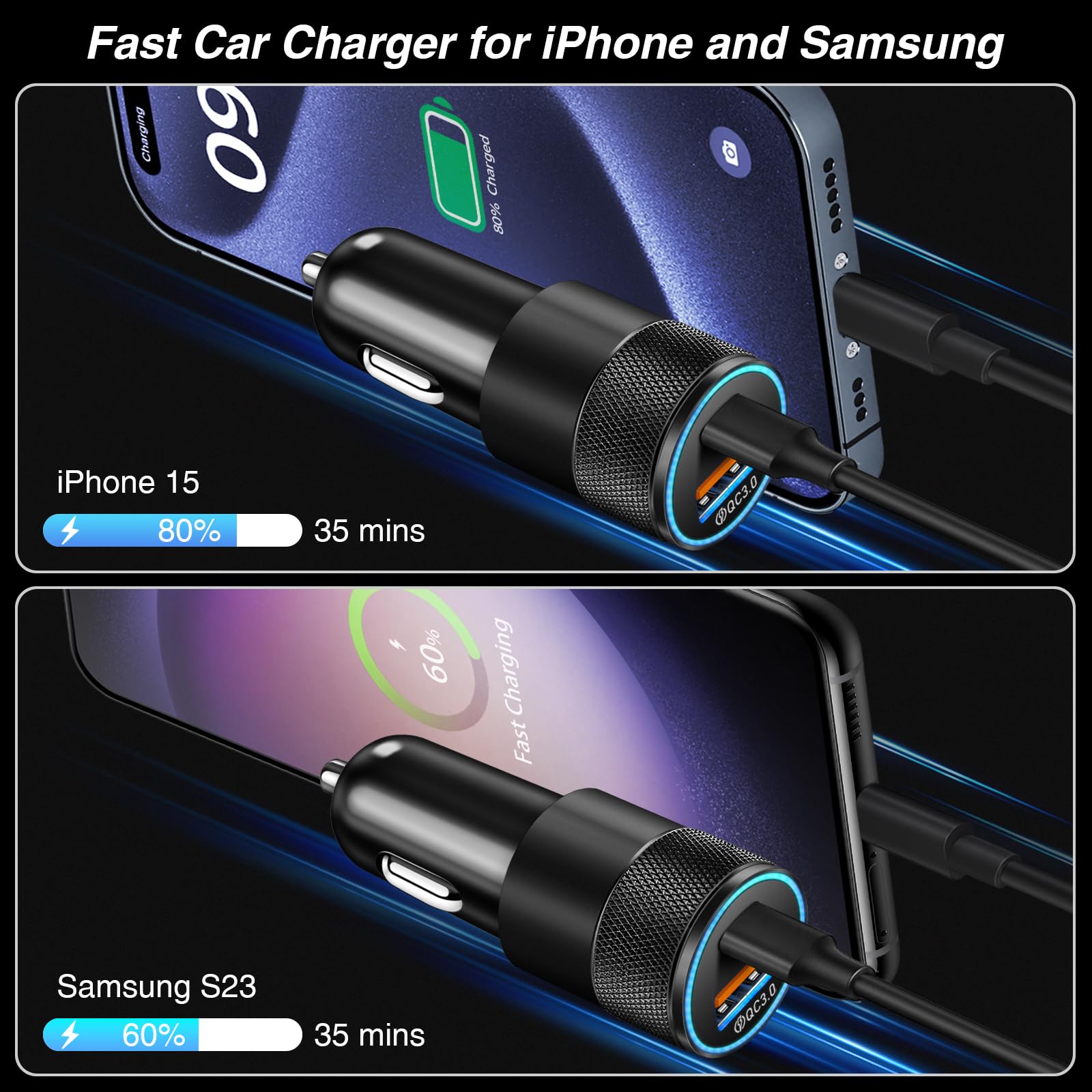 Caricabatteria da auto USB C, confezione da 5 pezzi, 38 W, doppia porta USB-C e USB-A, adattatore per accendisigari, ricarica rapida, per iPhone 16e, 16, 15, 14, 13, Samsung S24, Pixel Cargador para