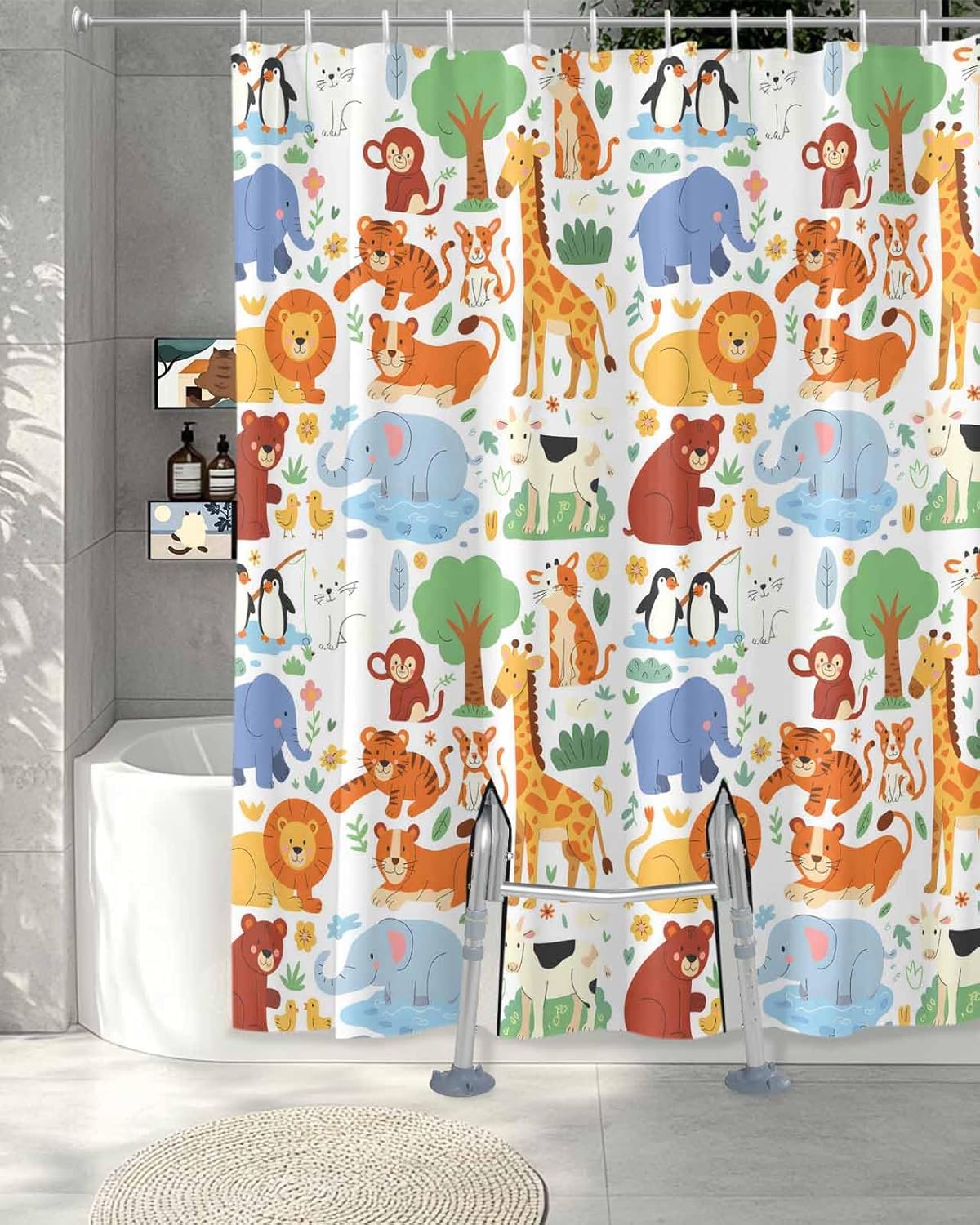 Animal Split Shower Curtain for Transfer Bench, Giraffe Tiger Lion Elephant Monkey Zoo Bathroom Curtain for Bathtub Transfer Chair 72x78 Inch Shower Curtain Set with Hooks and 2 Vertical Slits