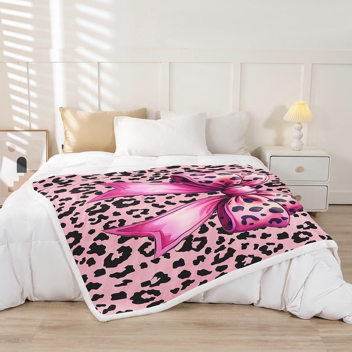 Pink Leopard Print Throw Blanket Boys Girls,Pink Bow Tie Butterfly Knot Princess Fuzzy Blanket All Seasons Bed Blanket,Cartoon Bowknot Plush Blanket Soft Warm Bed Throw,Twin (60 x 80 Inches)