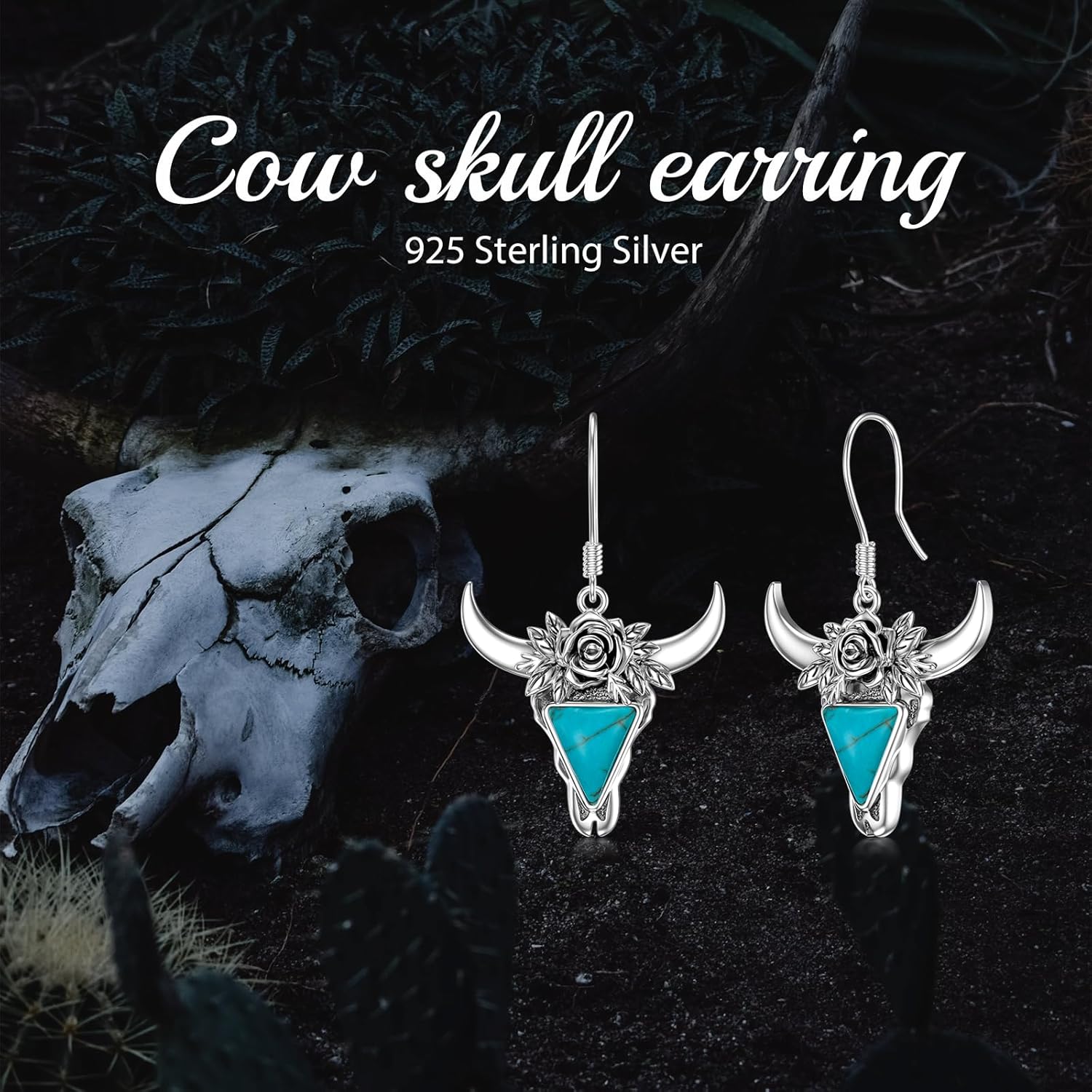 Turquoise Cow Skull Earrings 925 Sterling Silver Turquoise Cow Head Dangle Earring Bohemian Western Jewelry Gifts for Women Cowgirls - Image 7