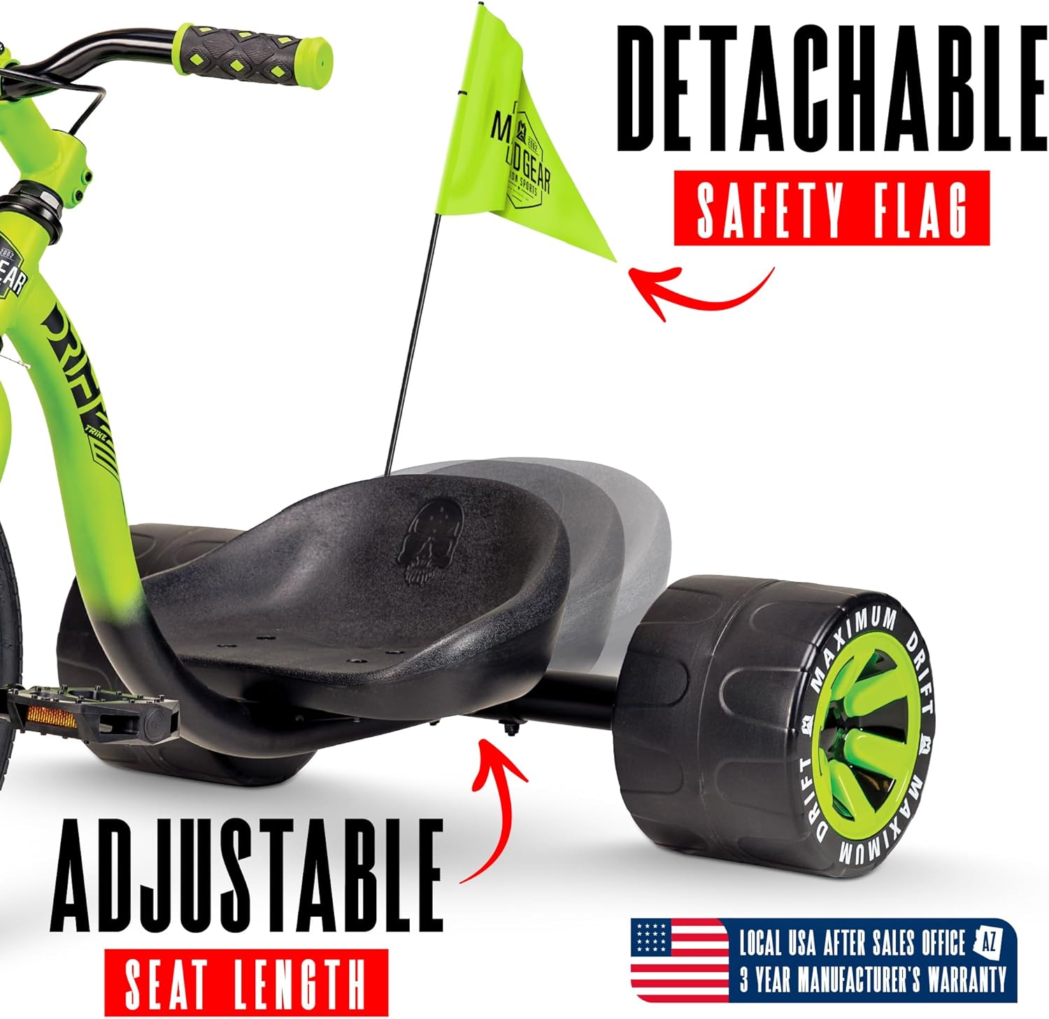 Madd Gear Drift Trike with an arrow pointing to the adjustable seat mechanism and the detachable safety flag.