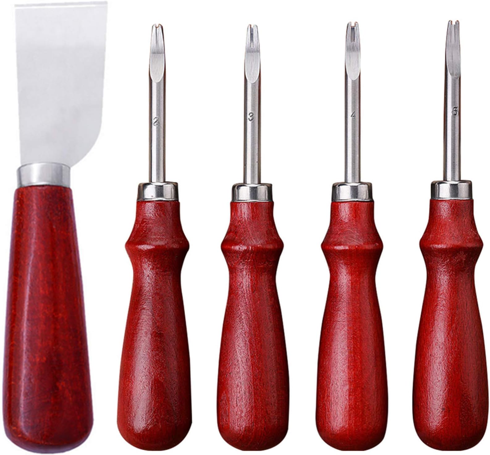 PHAETON 5 Pack Leather Edge Beveler and Leather Cutting Knife, Wood Handle Leather Skiving Tools for DIY Leather Craft Skiving(1.5 mm, 1.2 mm, 1.0 mm, 0.8 mm & Skiving Knife)
