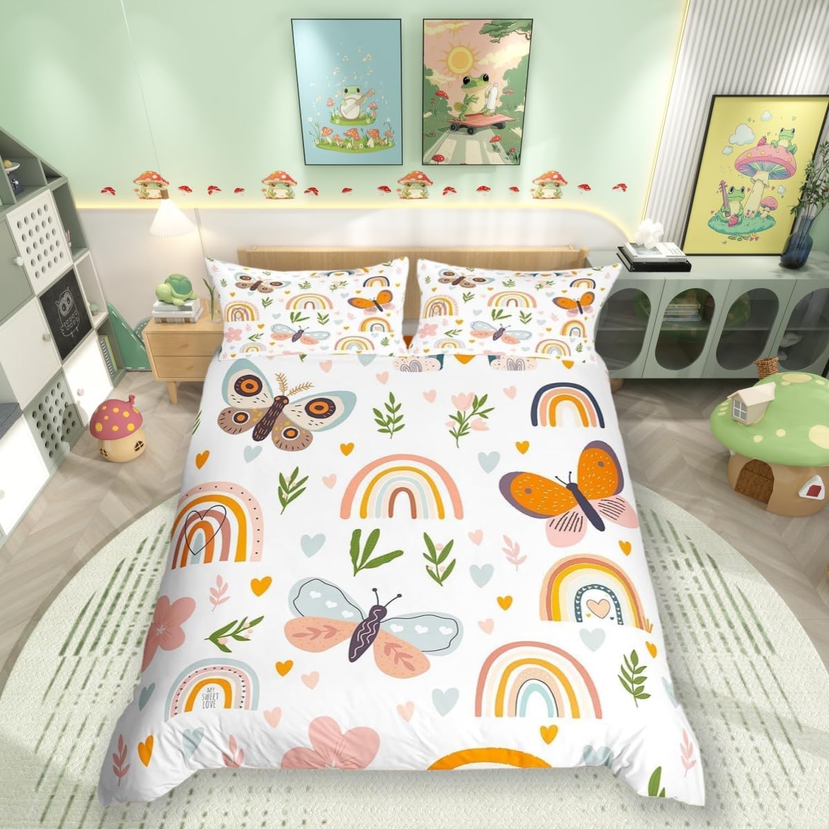 Boho Rainbow Comforter Cover Set Super King Size Cute Butterfly Bedding Set 3Pcs for Kids Girls Boys Adult Room Decor Cartoon Love Heart Palm Leaves Animals Botanical Quilt Cover,2 Pillowcases — image 1
