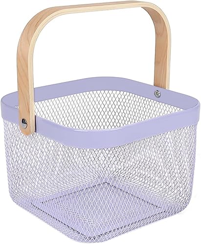 Cesta de acero de malla metálica, cesta organizadora de almacenamiento, cesta de cocina colgante multifuncional, cesta de frutas con mango de bambú