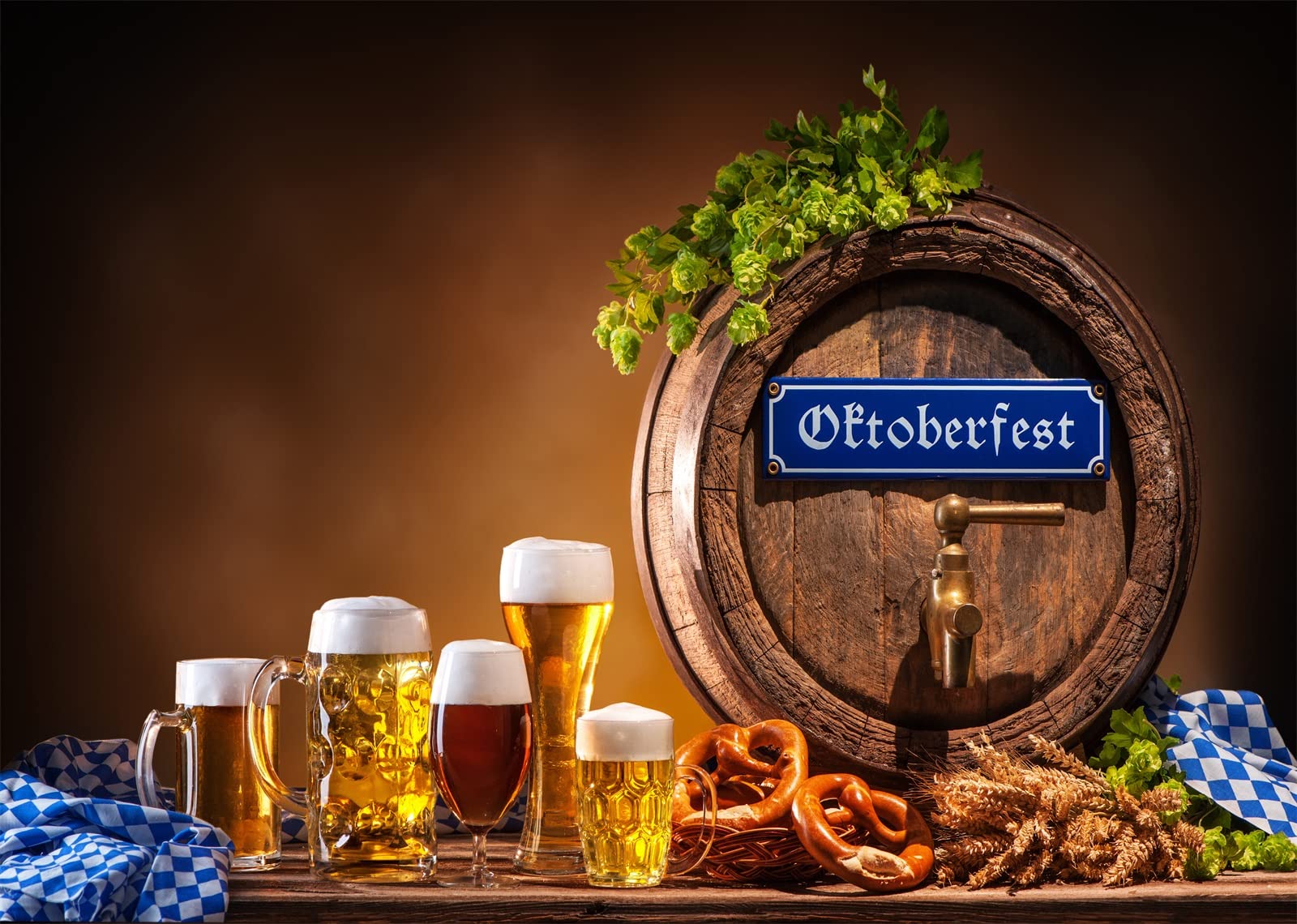 BELECO 7x5ft Fabric Oktoberfest Party Backdrop Bavarian Beer Festival Party Decorations Banner Wine Barrel Checkered Flag Photography Background