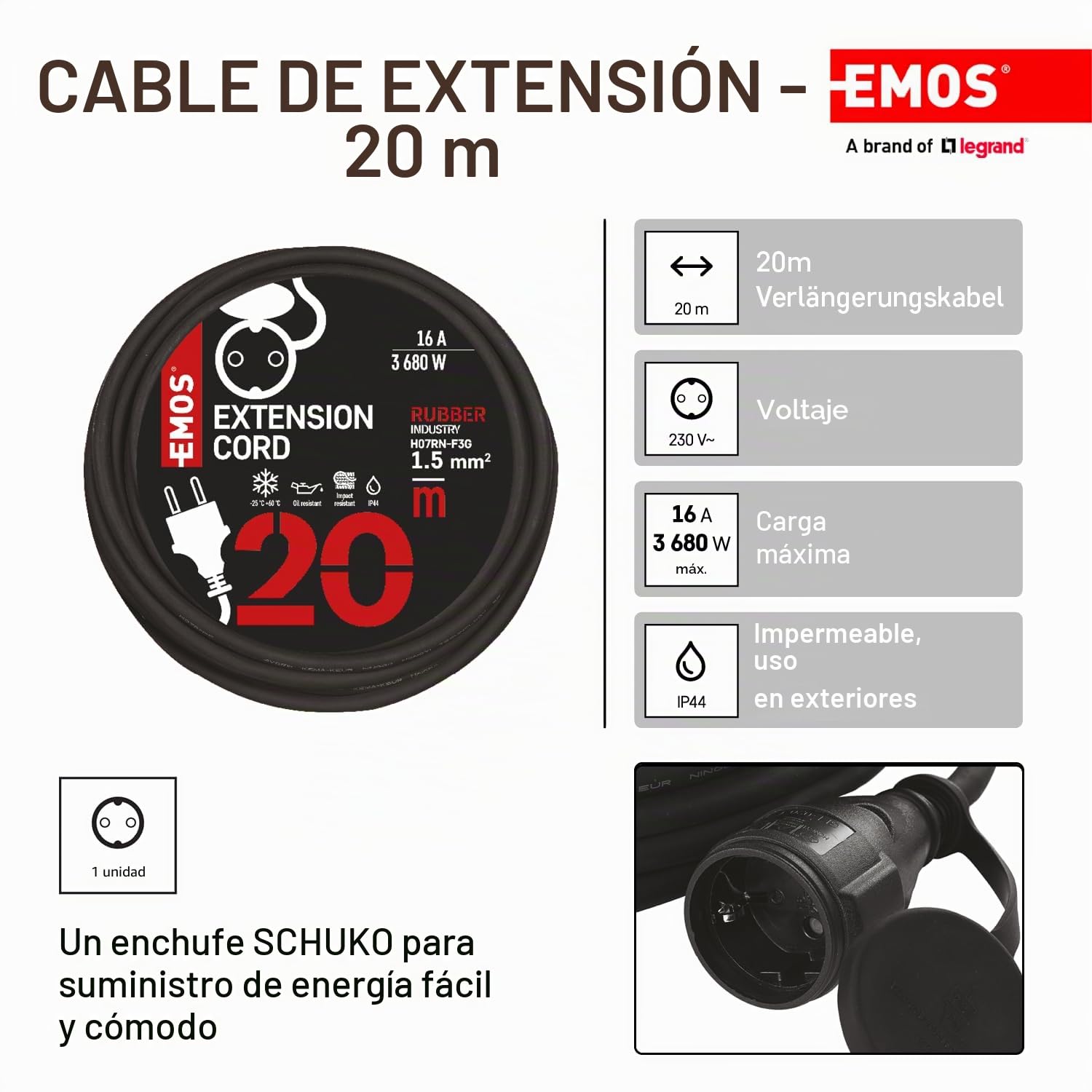 Emos E - 008 P1820 - Cable alargador Schuko, m, Cable de Goma para Exteriores, IP44, 1,5 mm2, H07RN - F3G, 20 Metros
