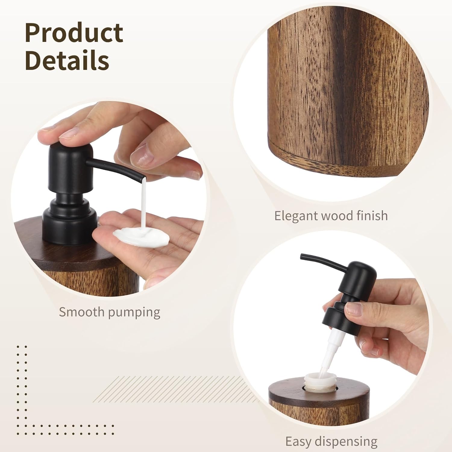 400 ml Wood Soap Dispenser, Round Wood Lotion Dispenser, Refillable Hand Soap Bottle, Ideal for Essential Oils, Lotions
