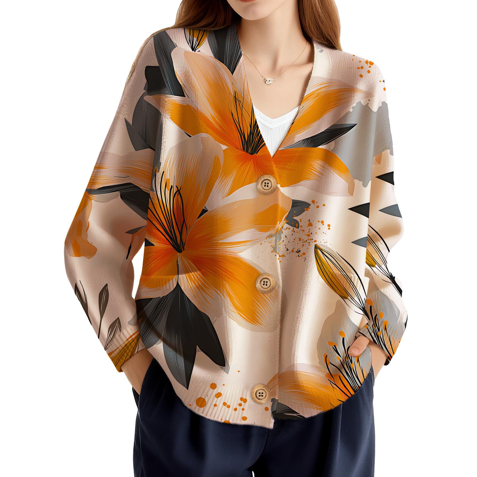 Womens Cardigan Sweaters Trendy Floral Cardigans Cropped Graphic Oversized V-Neck Sweater Plus Size Jackets