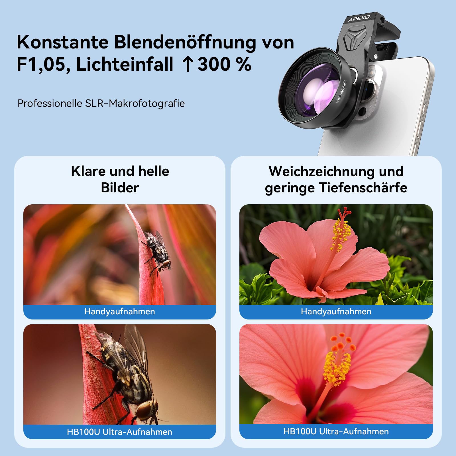 APEXEL HB100 Ultra-HD Handy-Makroobjektiv F1.05 mit mit 45 Fülllichtmodi und AF-Beschichtung,Handy Objektive Passend für iPhone, Samsung, Pixel Smartphones
