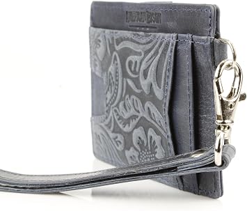 American Bison Embossed Floral Wristlet Wallet for Women Small ID Card Holder with Credit Card Slots & Pull Tab Organizer Compact Leather Wrist Strap Clutch (Navy)