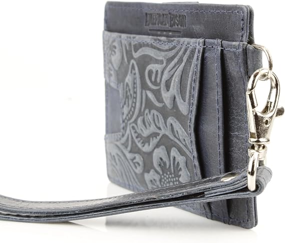American Bison Embossed Floral Wristlet Wallet for Women Small ID Card Holder with Credit Card Slots & Pull Tab Organizer Compact Leather Wrist Strap Clutch (Navy)