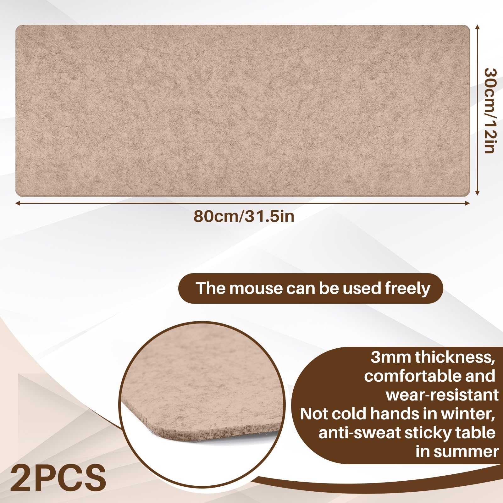 2 Tappetini da Scrivania in Feltro 80 x 30 cm Proteggi Sottomano Antiscivolo Grande Tappeto Protettivo Minimalista Desk Pad per Computer Tastiera Mouse Laptop Ufficio Studio(Cachi)