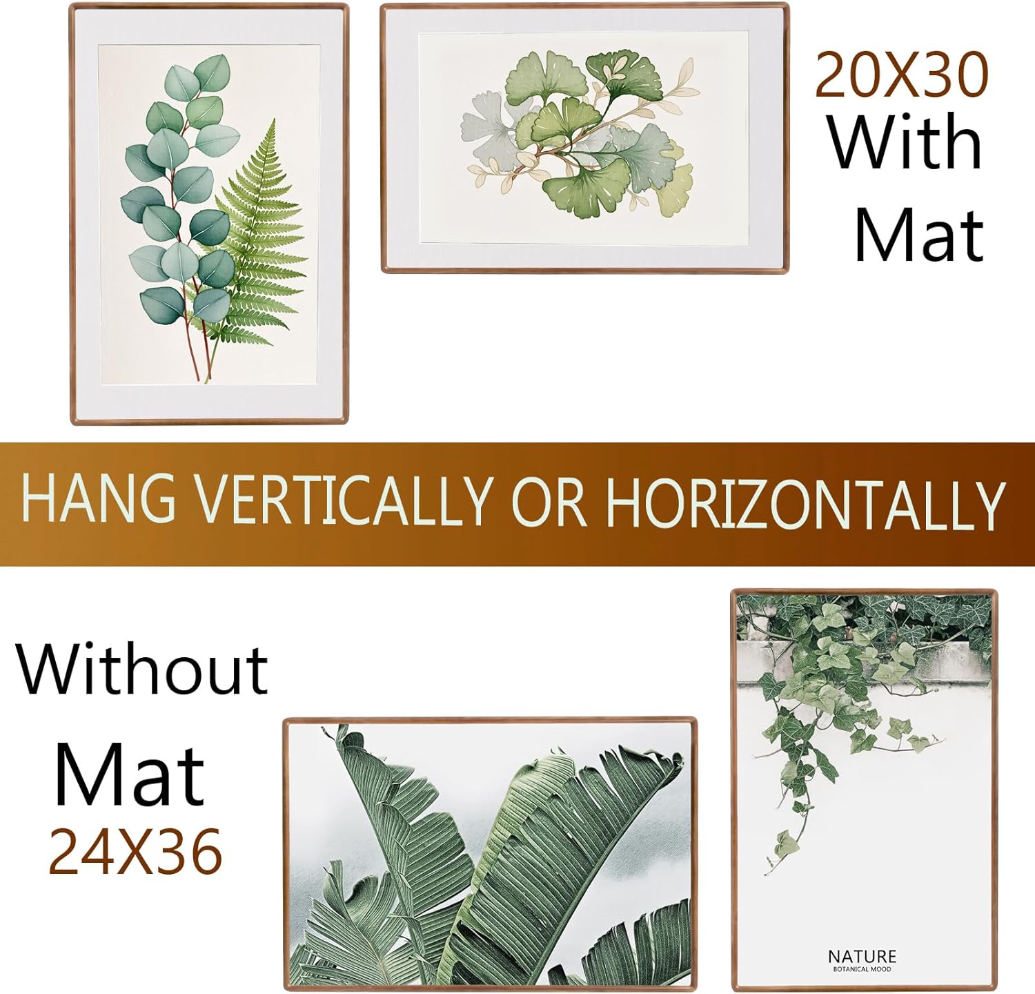 24x36 Poster Frame Wood 20x30 with Mat, Natural Solid Walnut Wooden Rounded Corner Photo Frames with Tempered Glass for Hanging Displaying Horizontally or Vertically Walnut 24x36