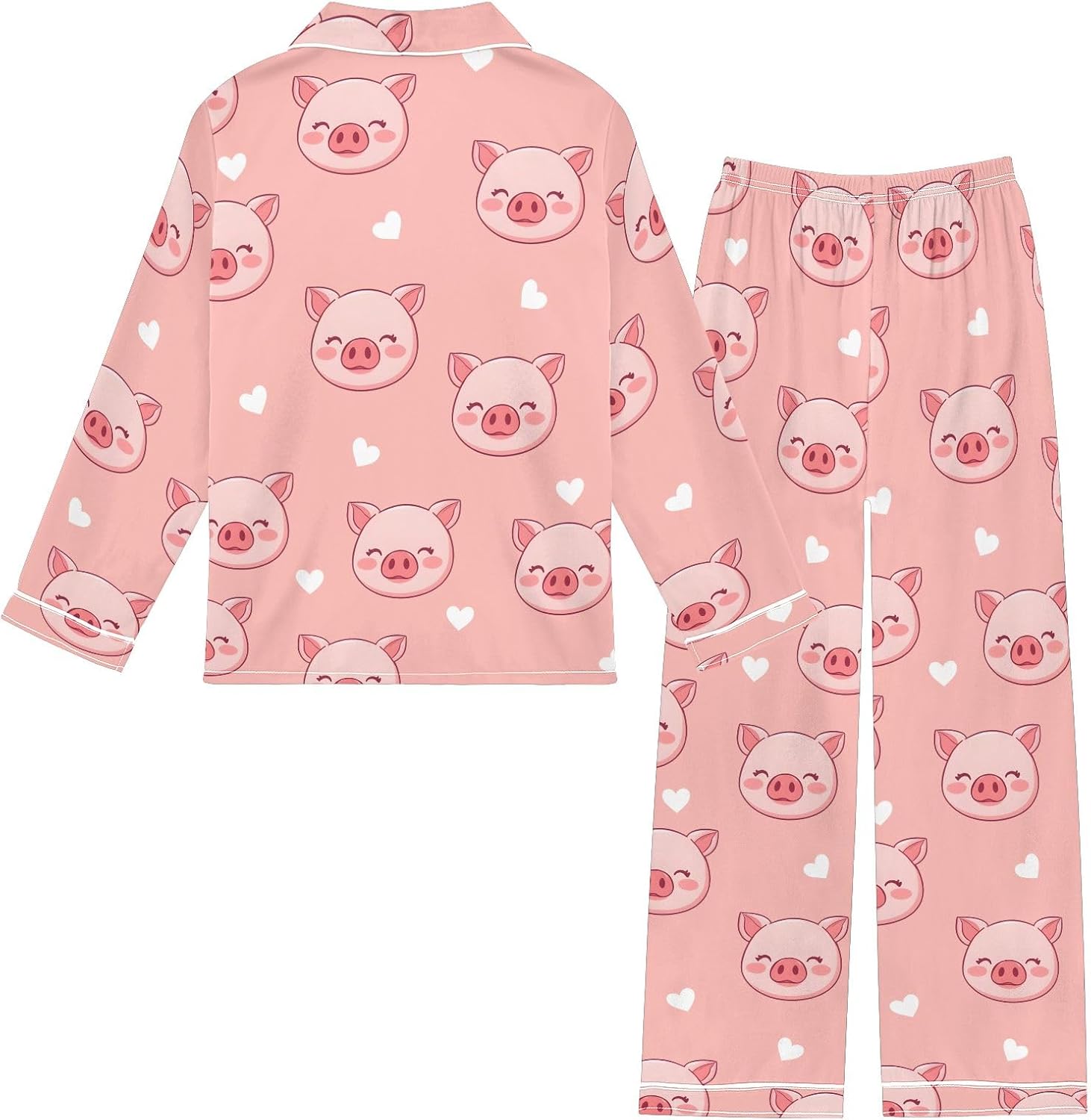 Kids Casual Satin Wear Set Pink Pig Heart Pattern Unisex Relaxed Fit Clothing