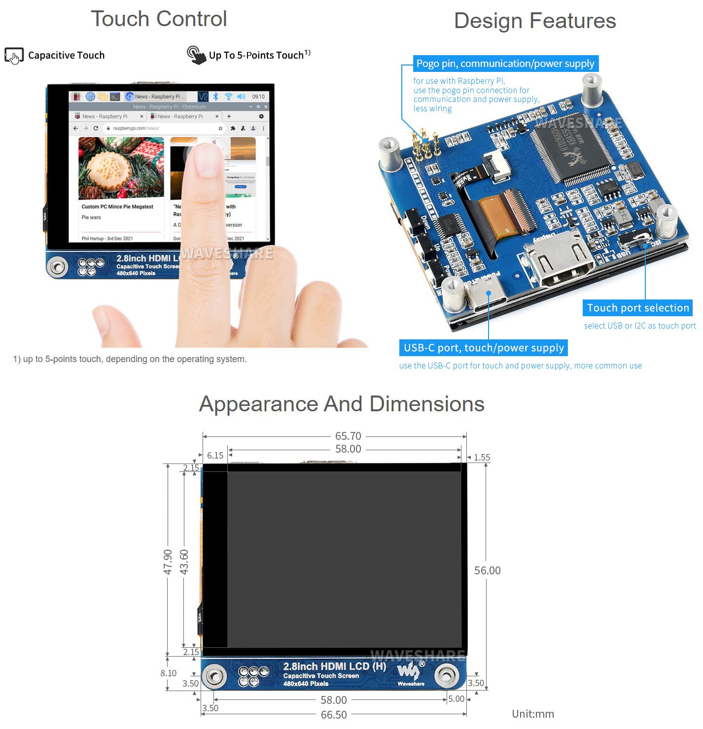 Waveshare 2.8inch HDMI IPS LCD Display (H) 480x640 Resolution Adjustable Brightness Fully Laminated Screen Supports All Versions of Raspberry Pi Jetson Nano and Windows 11/10 / 8.1/8 / 7