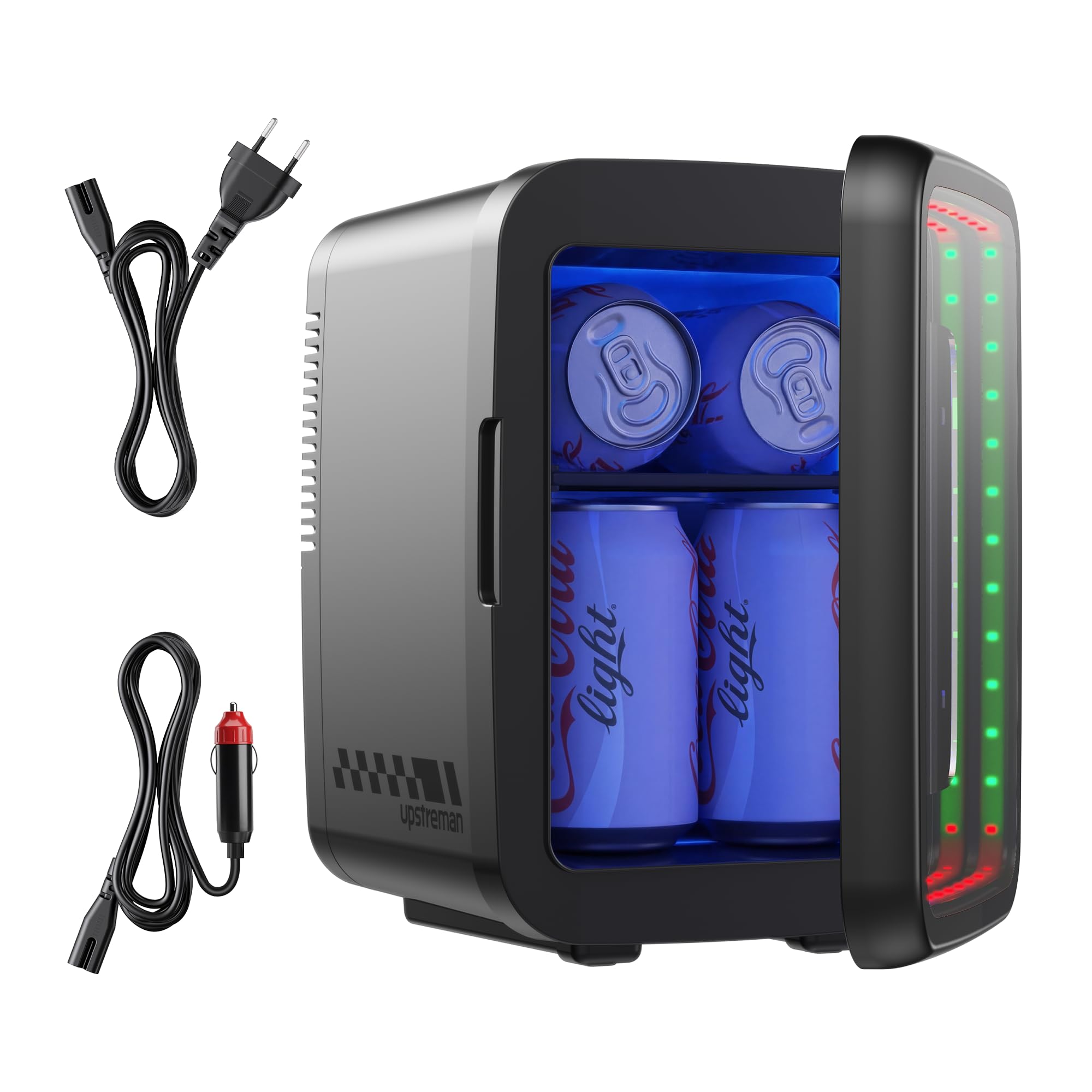 Upstreman Mini Kühlschrank 4L / 6 Dosen, Minikühlschrank mit LED-Beleuchtung, 12V/220V, Mini Kühlschrank Gaming, Schlafsaal, Büro & Auto, Schwarz,TR4-S