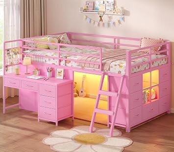 BTHFST Low Loft Bed Twin Size with Desk, 12 Storage Drawers, Window, Pink