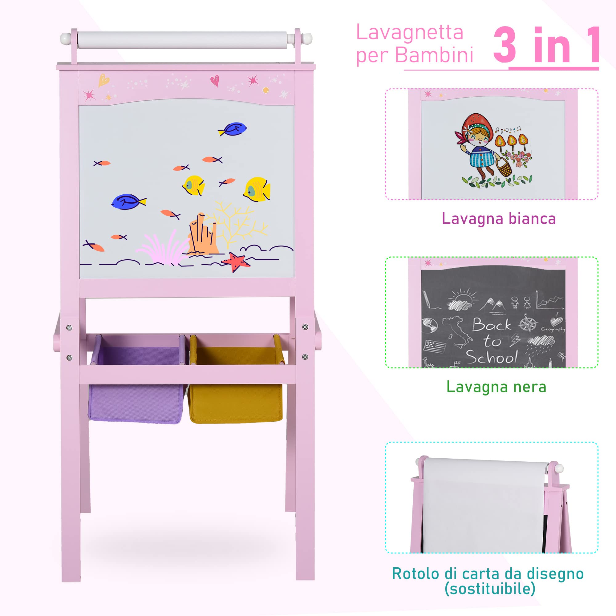 HOMCOM Lavagnetta per Bambini in Legno Rosa con Cavalletto 3 in 1: Lavagna Bianca, Nera e con Rullo Fogli di Carta