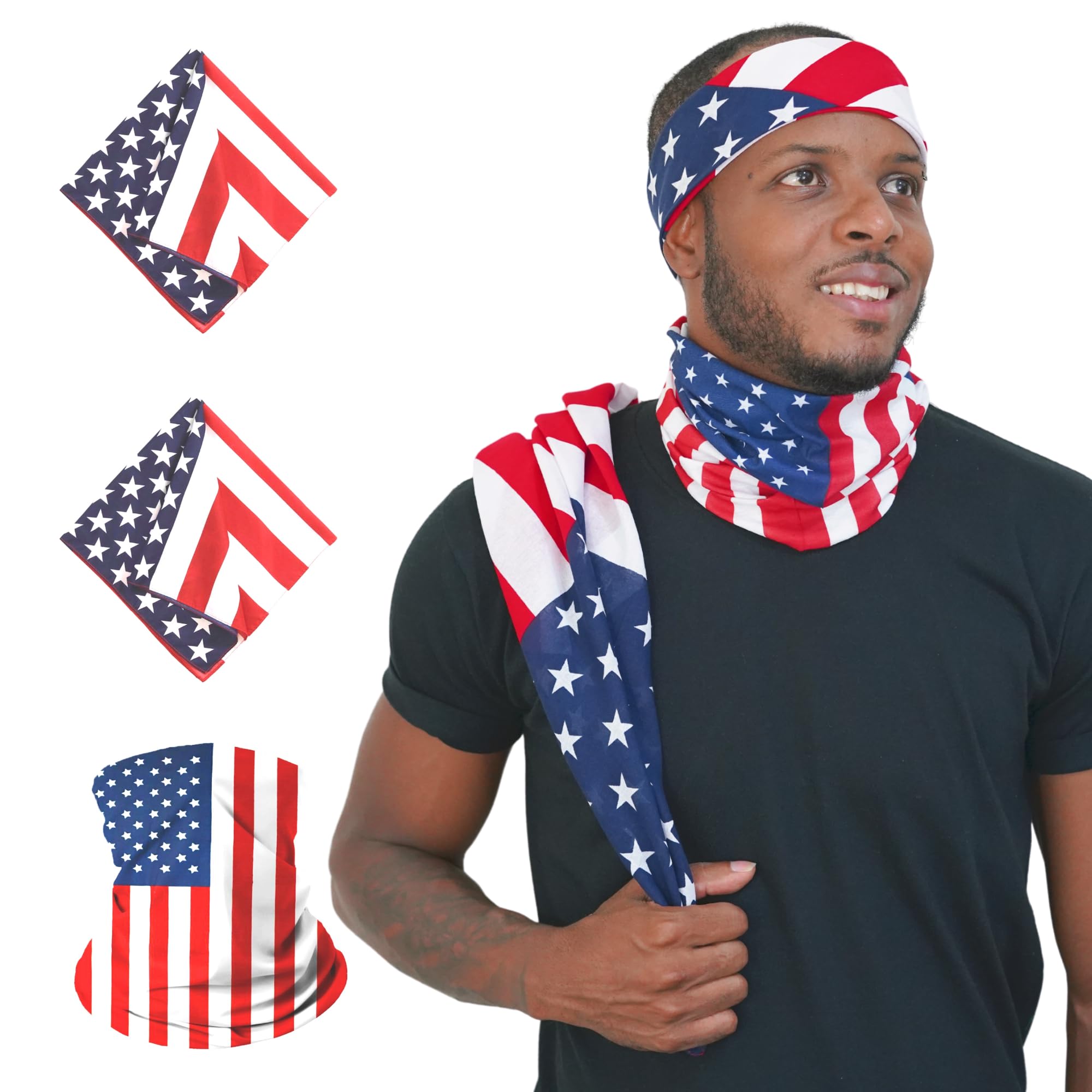 Simple Express Bandana Bundle - 3-Piece American Flag Set, Including 2 Square Bandanas & 1 Tube Bandana - Patriotic Accessories for Adults & Kids