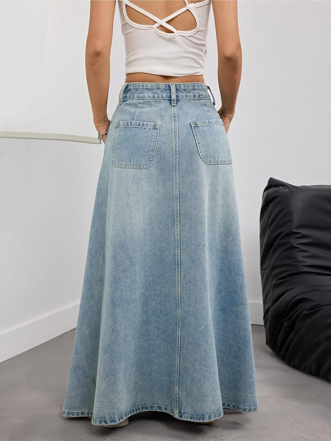 ebossy Women's Vintage Mid-Rise Multi-Pockets Flared Long Jean Skirts Pleated Flowy Swing A-line Denim Maxi Skirts - Image 5