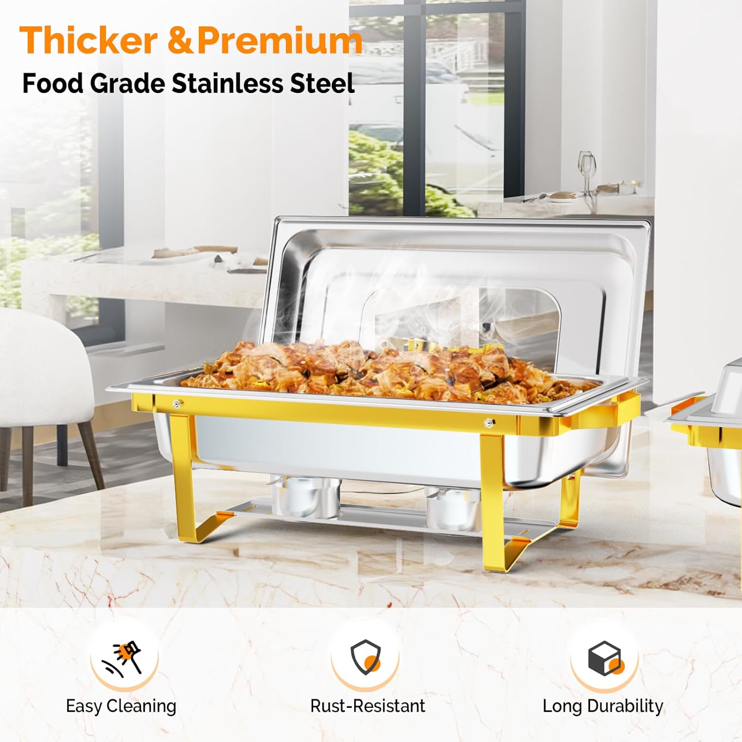 ROVSUN 4 Pack Chafing Dishes for Buffet 9QT Stainless Steel Chafing Dish Buffet Set with Upgraded Glass Window [Elegant Gold and Silver Colors], Buffet Servers and Warmers for Party Wedding