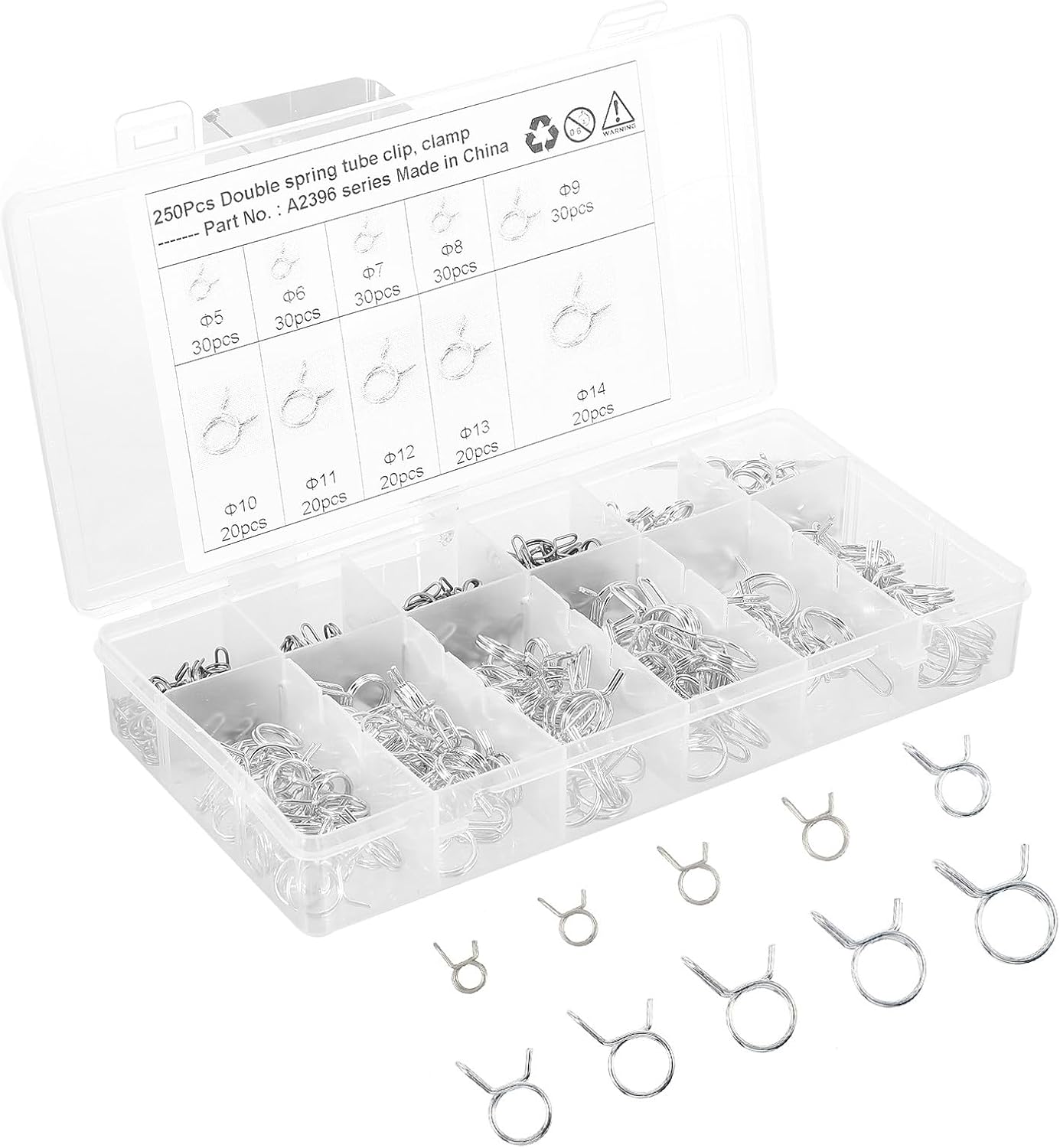 Mikinona 250pcs Double Wire Hose Spring Clip Clamps Assortment Φ5-φ14 for Fuel and Water Lines Automotive Replacement Parts