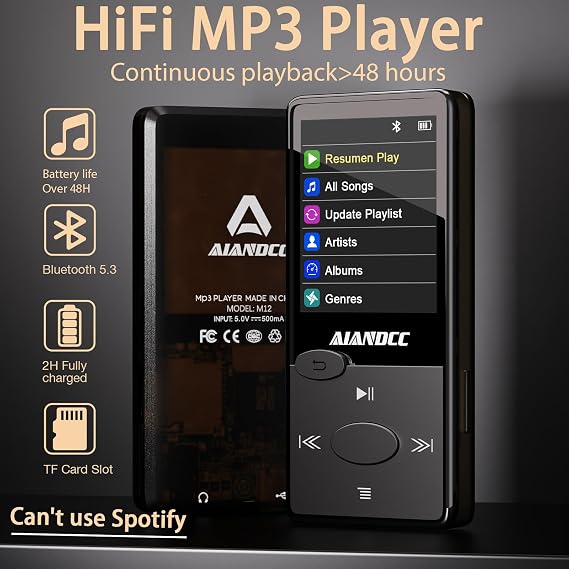 Mp3 Player with Bluetooth 5.3 HiFi Sound, Mp3 Player with FM Radio, Mini Music Player 32GB for Kids Adults, Earphones Included, TF Card can be Inserted