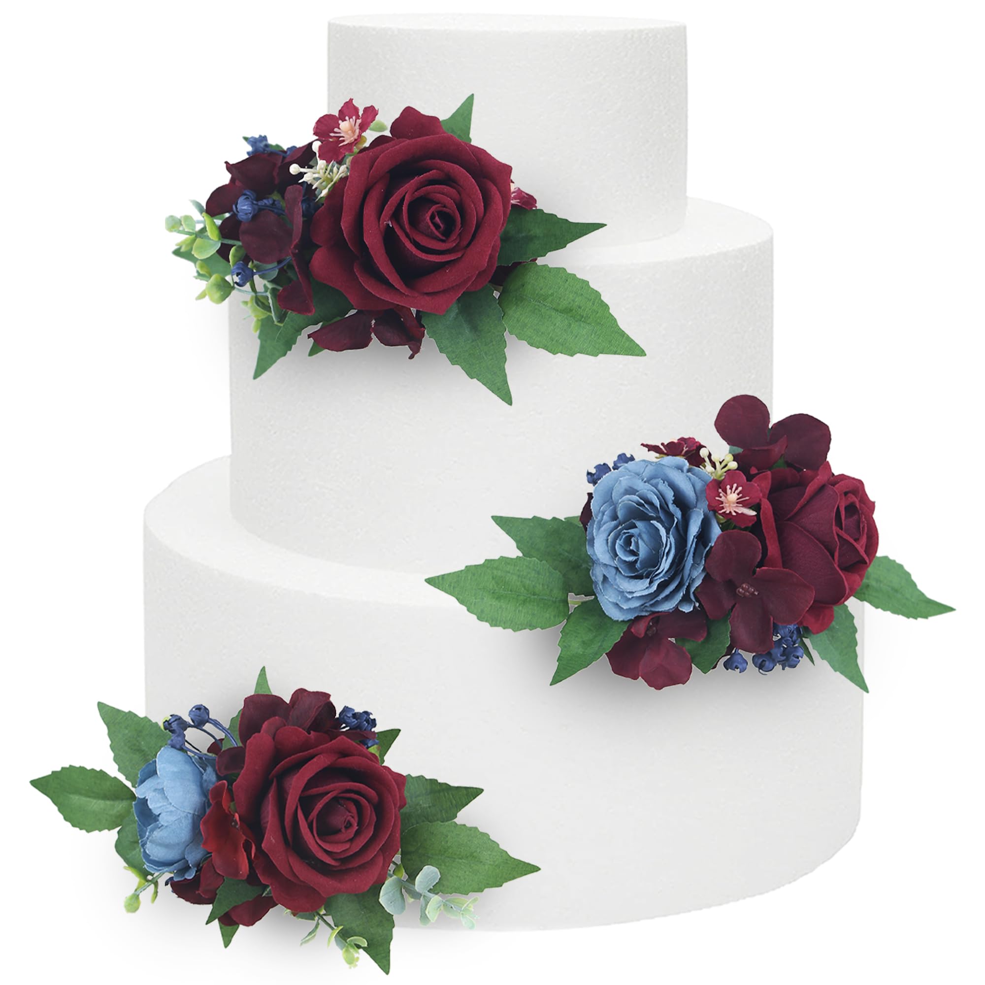 Rinlong 3 adornos para tartas prefabricados, flores para decoración de tartas de Navidad, color burdeos, azul marino, decoraciones de pastel de Navidad para boda y bautizo