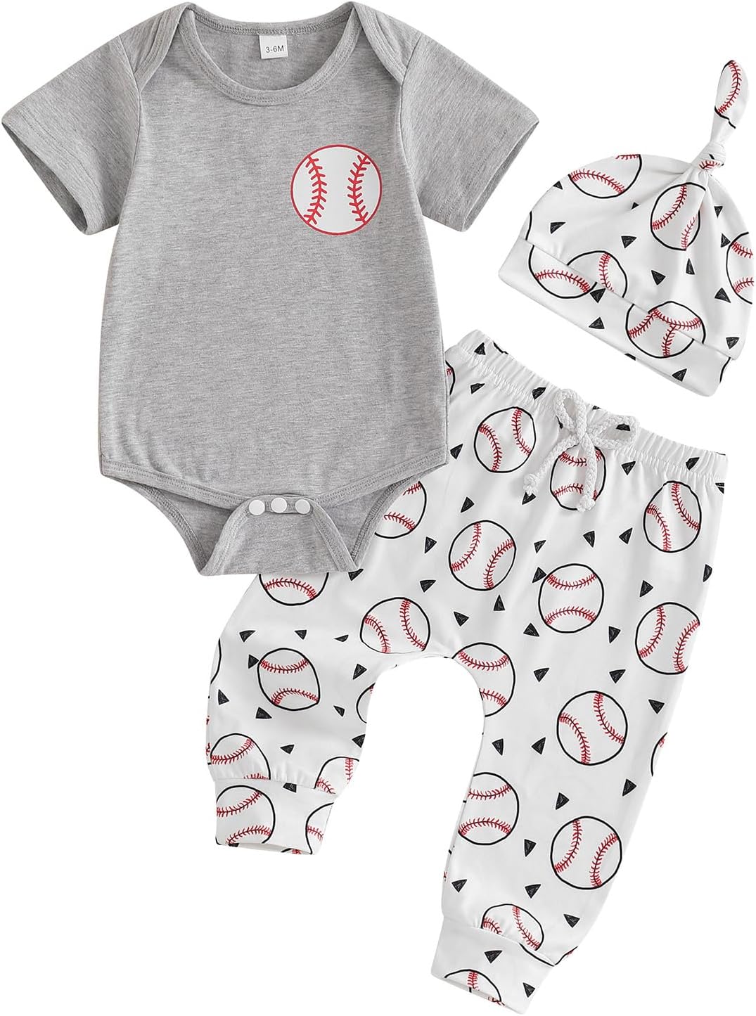 Lamuusaa Newborn Baby Boy Baseball Outfit Short Sleeve Baseball Romper Onesie Long Pants Hat 3Pcs Summer Clothes 0-18M
