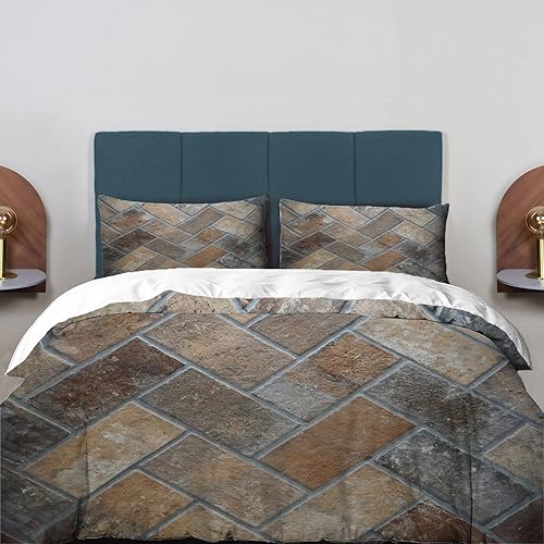 Juego de funda de edredón de ladrillo rústico de construcción marrón, tamaño matrimonial, 3 piezas de arte abstracto gris con azulejos vintage,