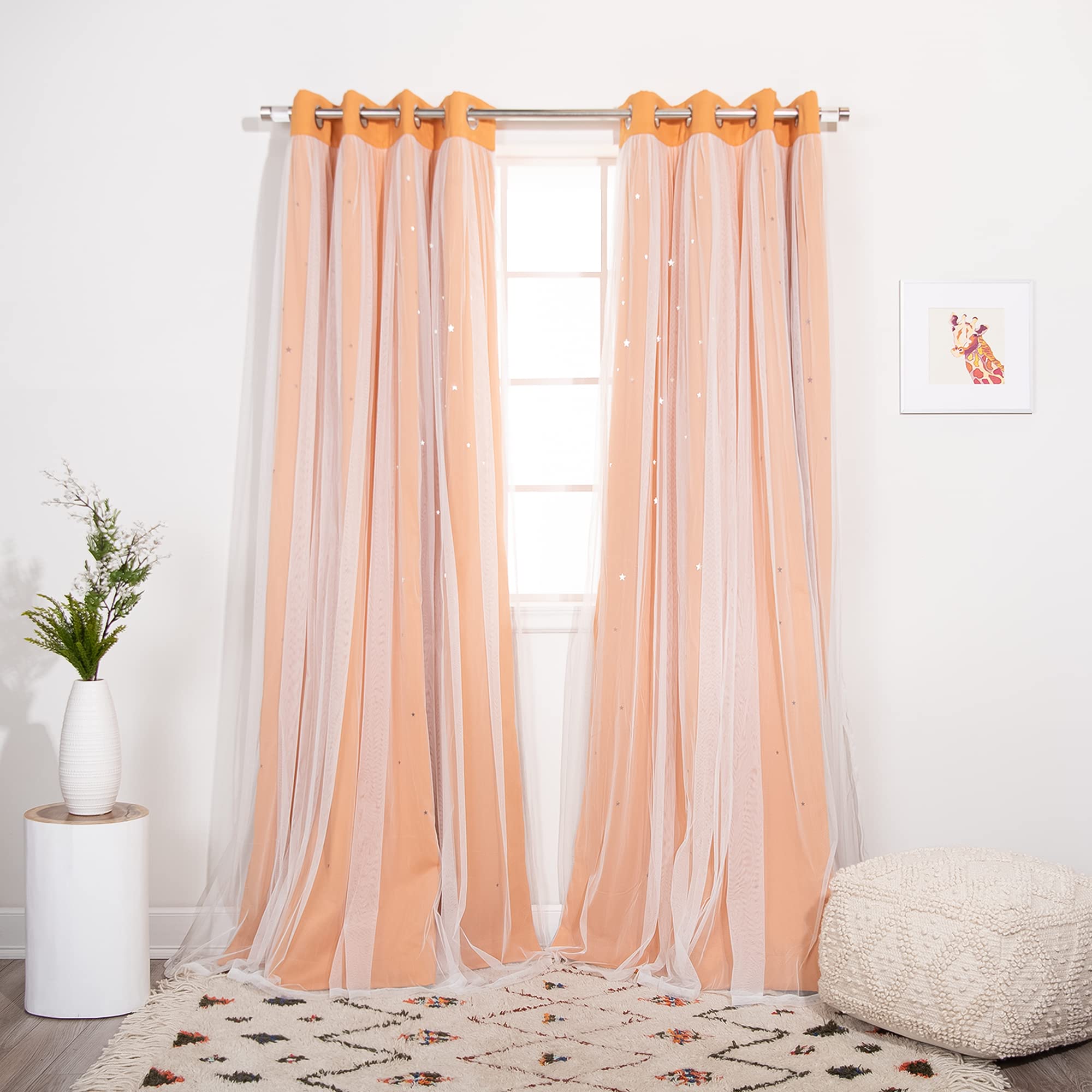 Best Home Fashion Set of 2 Tulle Overlay Star Cut Out Silver Grommet Curtains for Bedroom, Living Room, Kids Room, Sun Blocking Thermal Insulated Blackout Window Curtains (Orange, 52