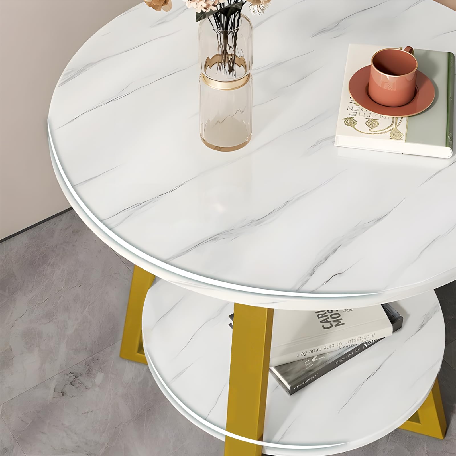 Mesa de Centro Redonda Nido,Mesas Auxiliares de Sofá con Acento Moderno, con Marco de Metal Cruzado y Tablero de Densidad para Sala de Estar, Dormitorio, Ofici (Marco Blanco y Dorado)