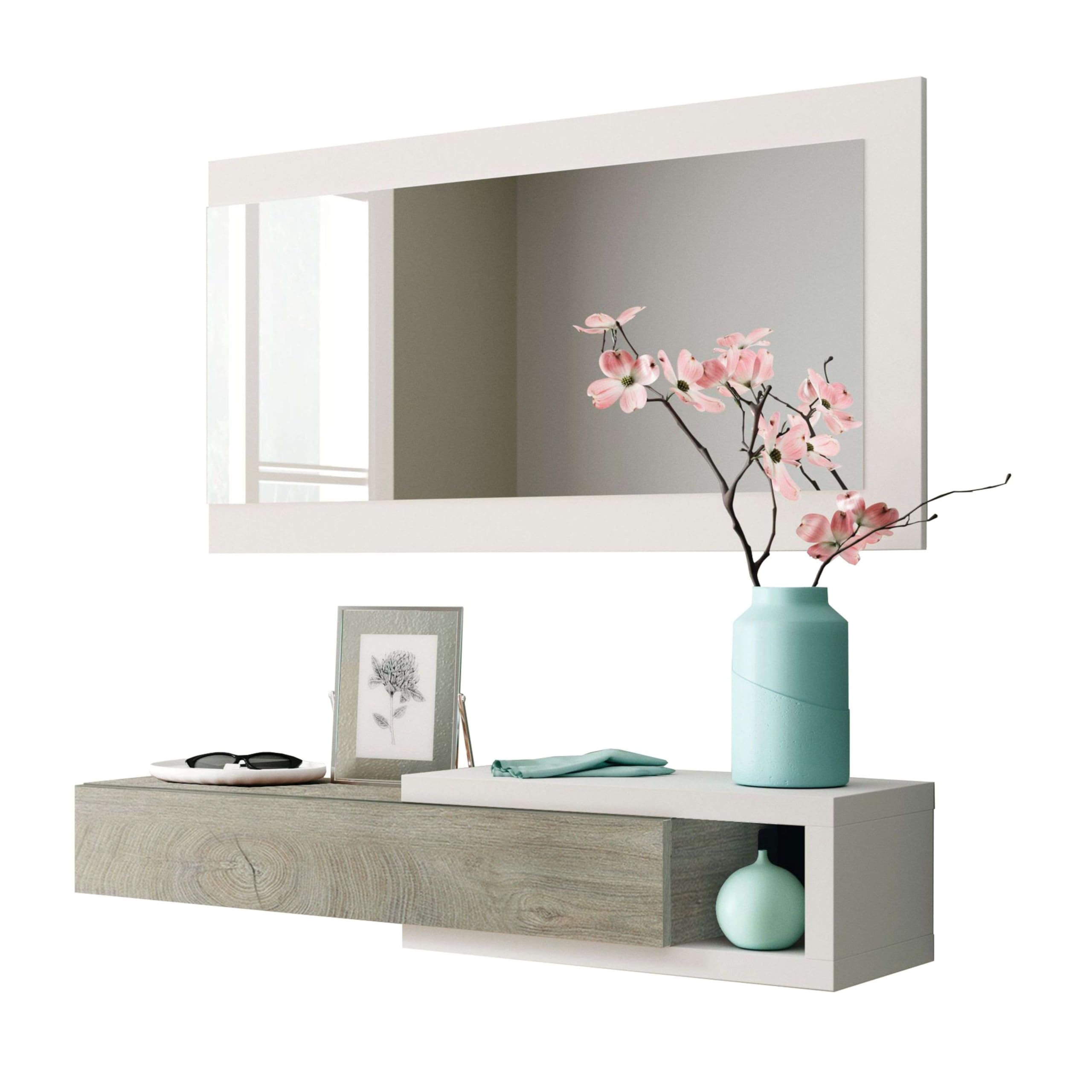 Miroytengo Mueble de Entrada Noon Recibidor con Espejo Estilo Multifuncional en Color Blanco Artik y Roble Alaska 95 cm