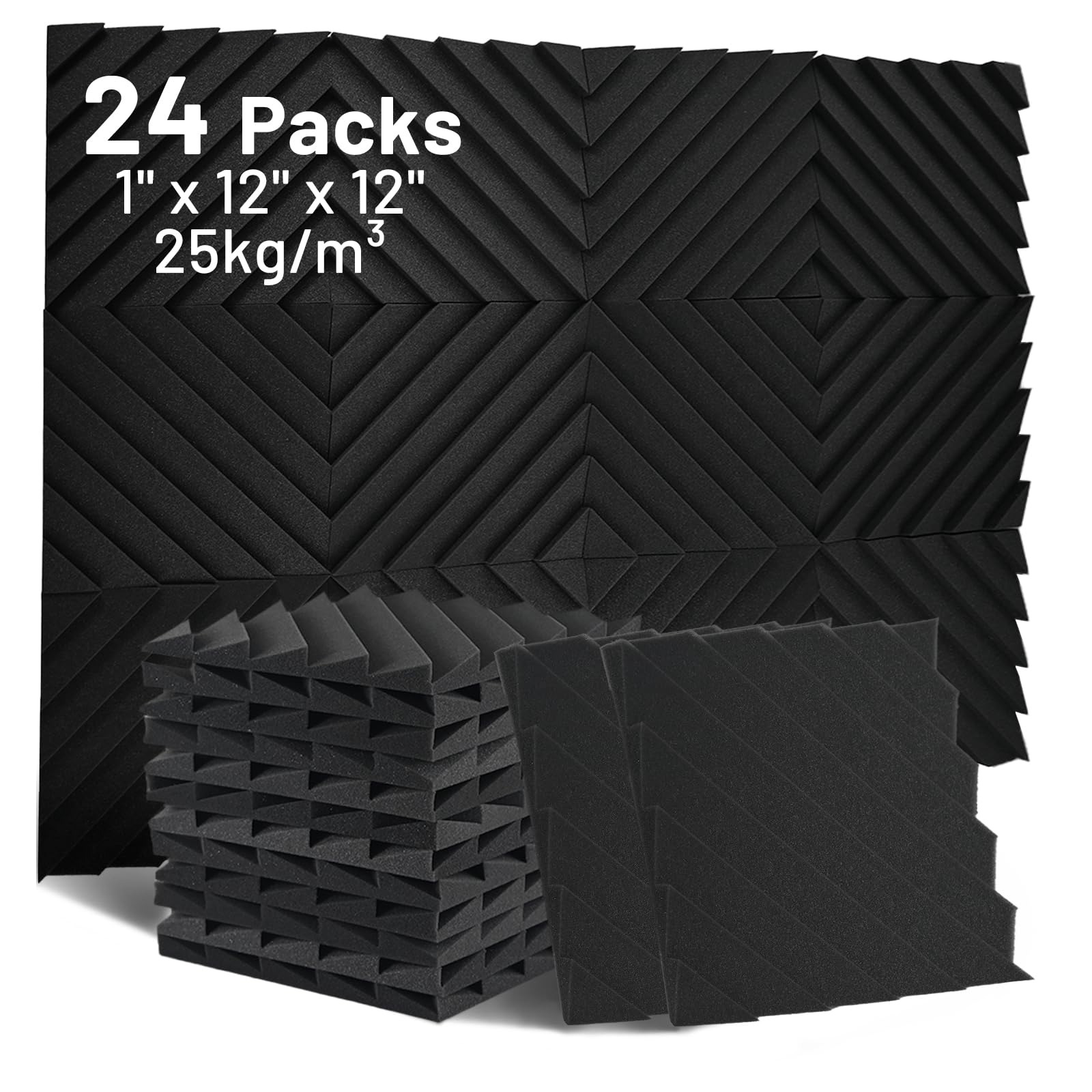 Focusound Paquete de 24 paneles de espuma a prueba de sonido, paneles de espuma acústica de 1 x 12 x 12 pulgadas para pared, paneles de cuña insonorizados de alta densidad para estudio, oficina, sala