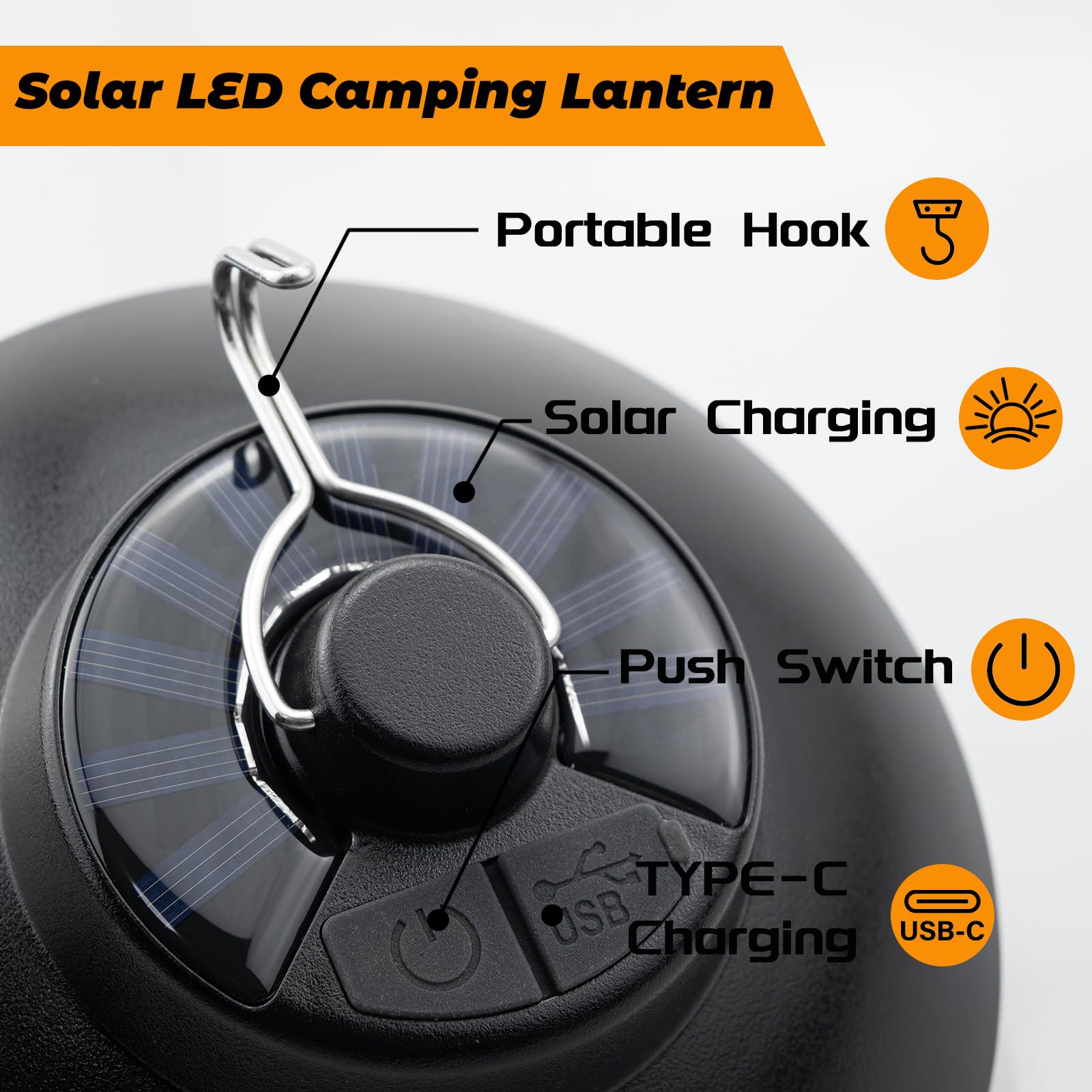 Solare Lanterna da Campeggio Retrò LED Ricaricabile – 200 Lumen, 2600mAh, Pannello Solare Integrato & USB-C, IPX4, 2 Modalità, Luce Bianca Calda, per Campeggio, Giardino, Emergenze
