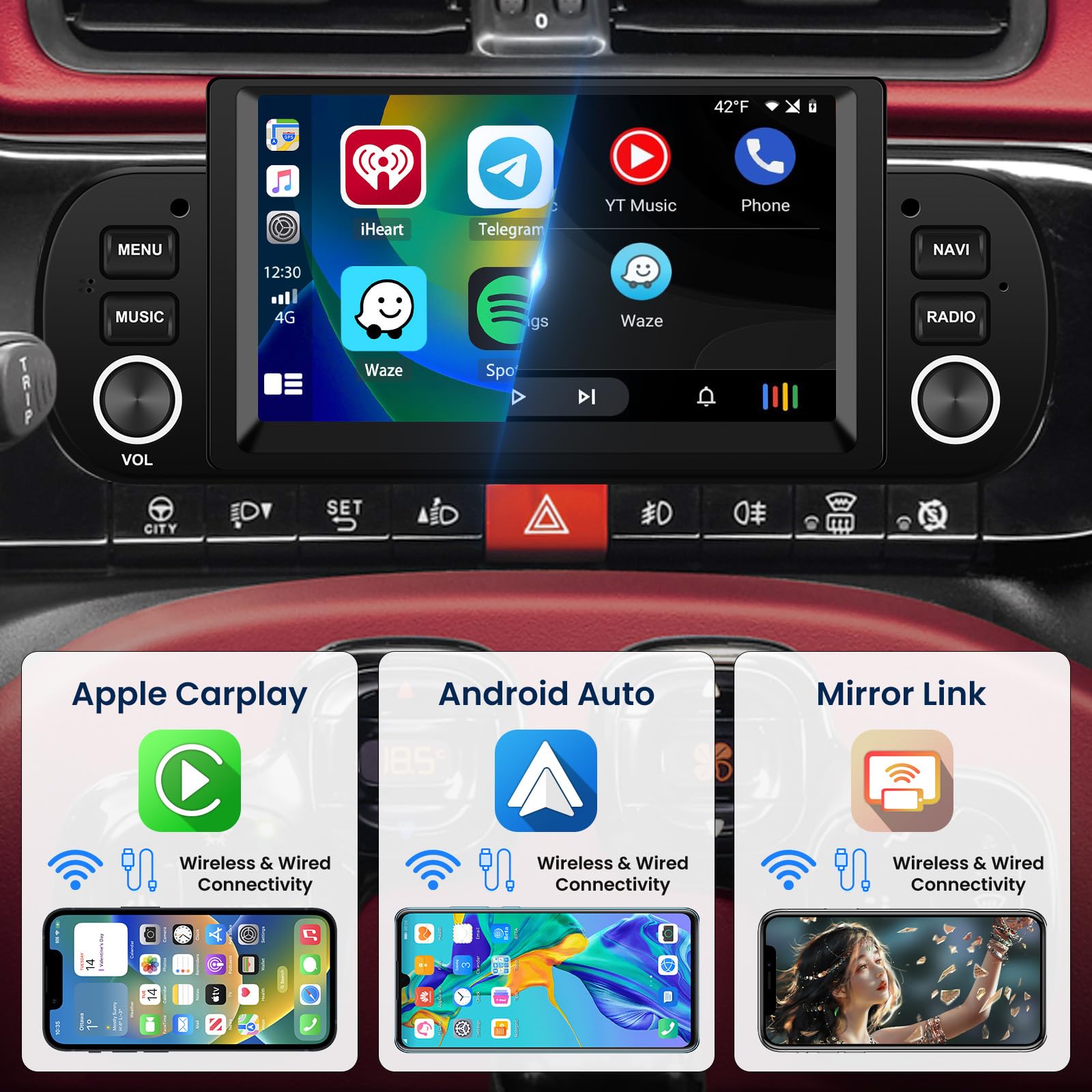 7 Zoll Android Car Stereo für Fiat 500 2007-2015 mit GPS-Navigation Apple CarPla
